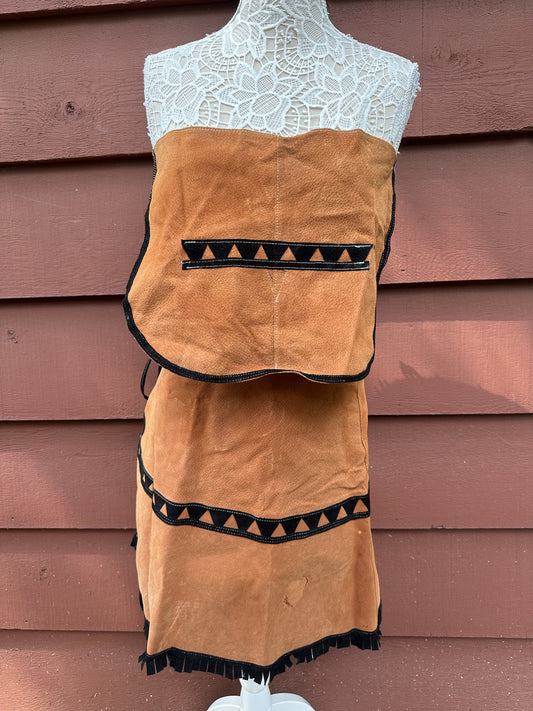 Vintage Bohemian Two Piece Brown Suede Skirt Set with Black Trim