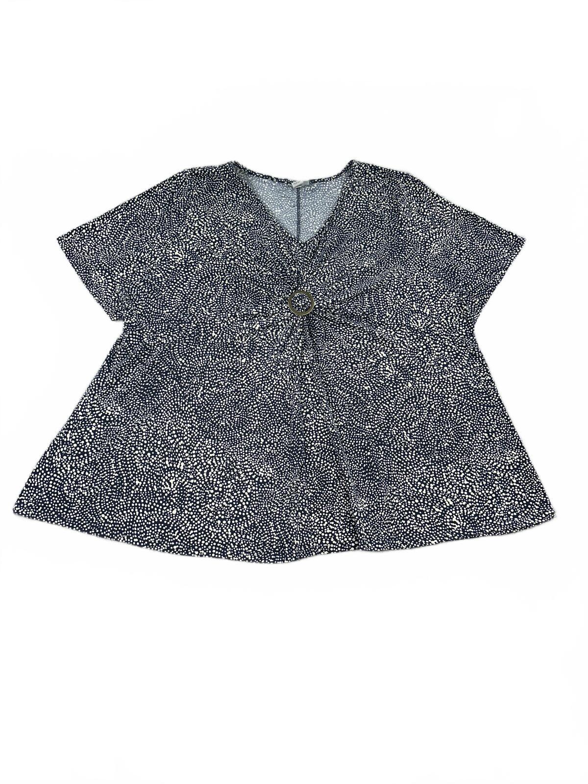 Catherines Navy Blue and White Dot Pattern V Neck Top with Decorative Ring
