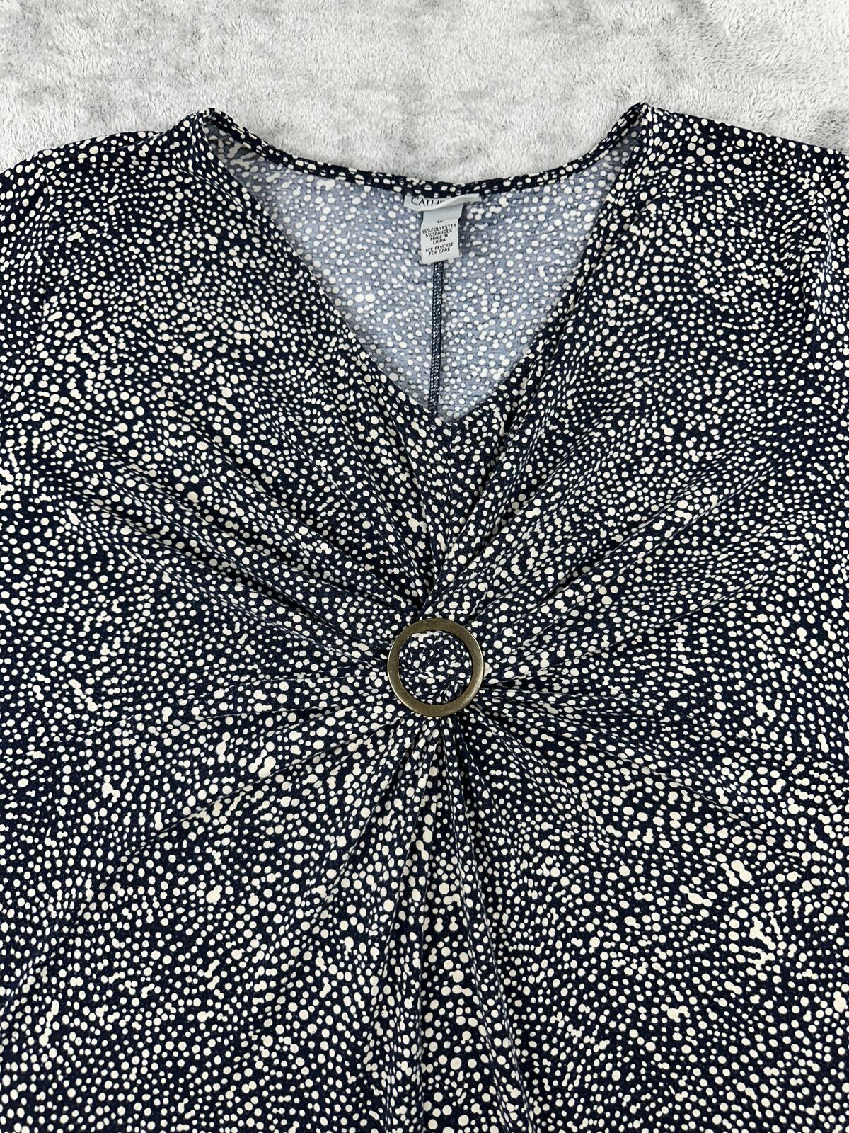 Catherines Navy Blue and White Dot Pattern V Neck Top with Decorative Ring