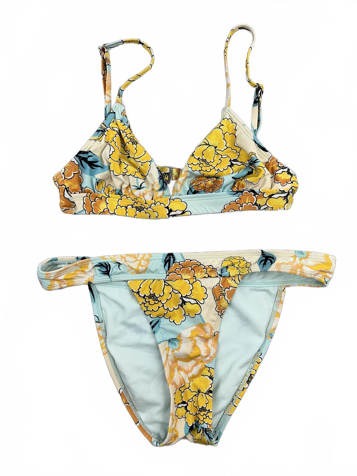 The Bikini Lab Floral Two Piece Bikini Set Light Blue Yellow Adjustable Straps