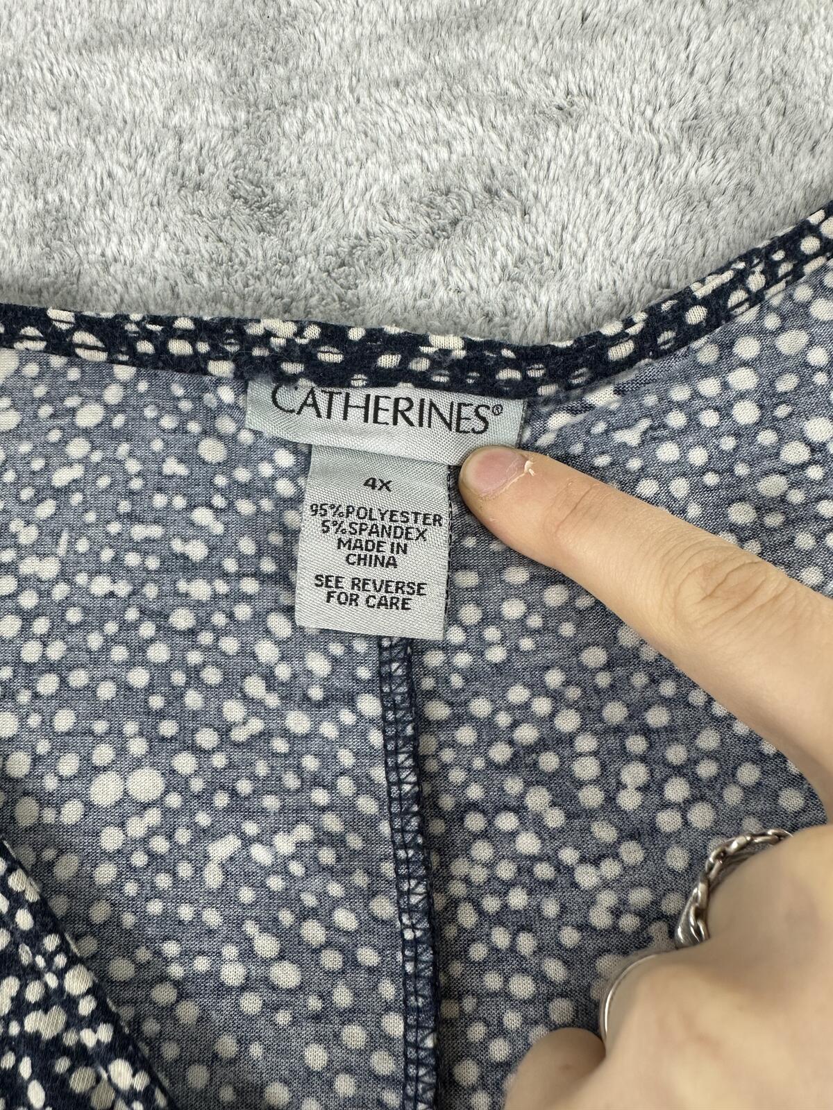 Catherines Navy Blue and White Dot Pattern V Neck Top with Decorative Ring