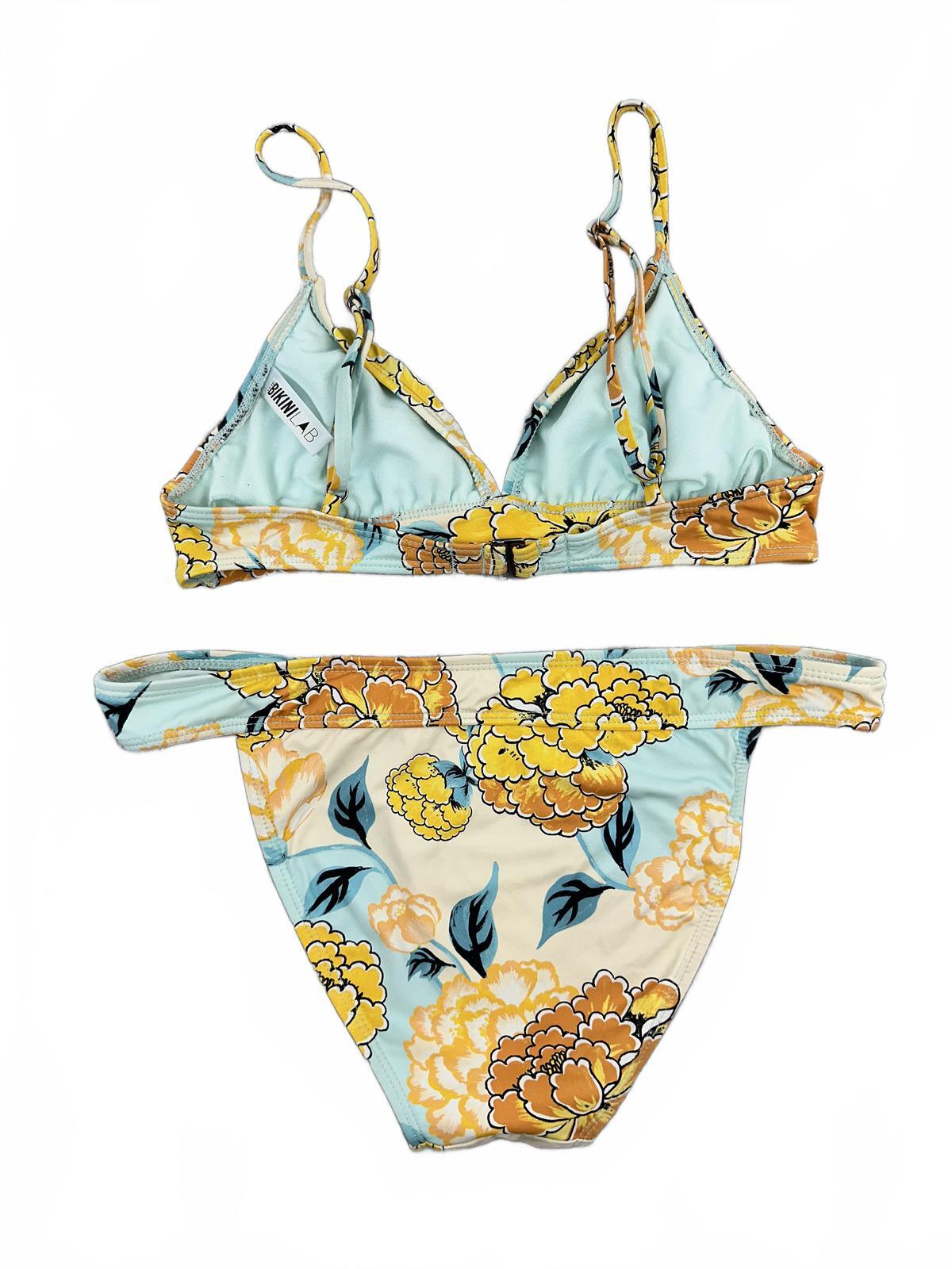 The Bikini Lab Floral Two Piece Bikini Set Light Blue Yellow Adjustable Straps