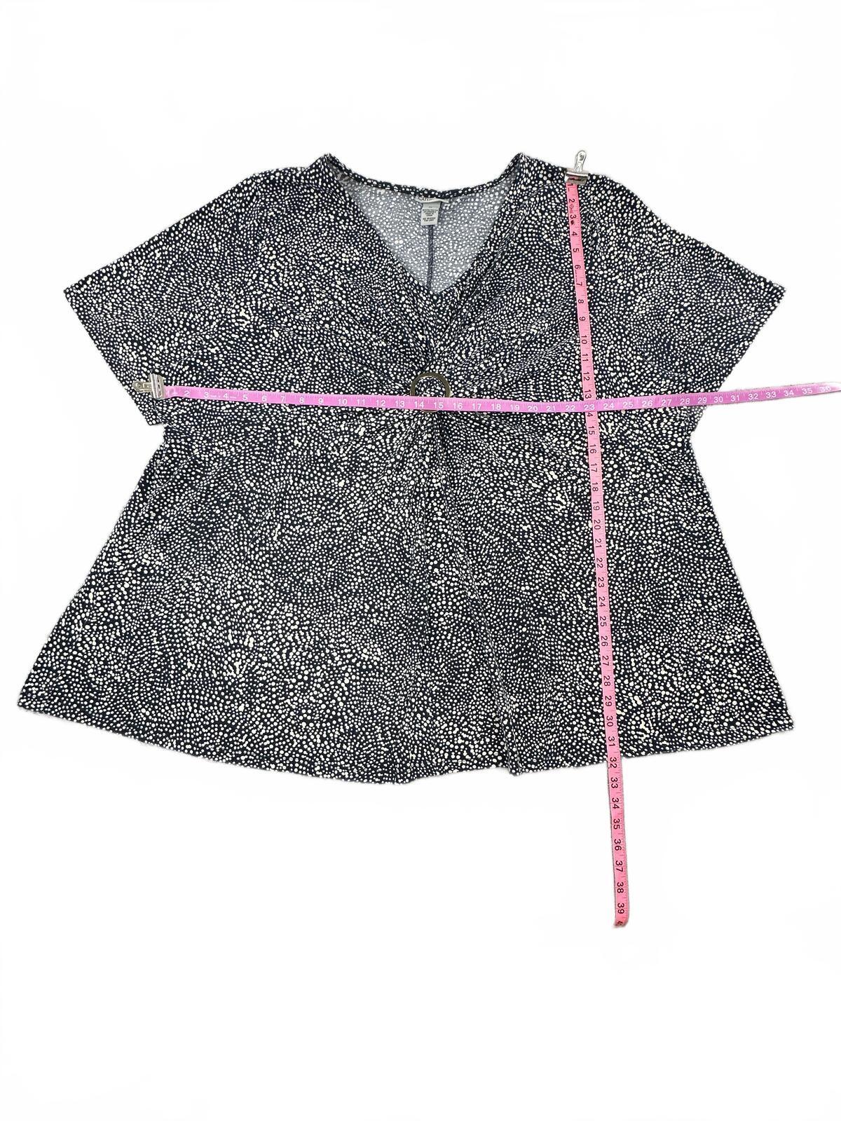 Catherines Navy Blue and White Dot Pattern V Neck Top with Decorative Ring