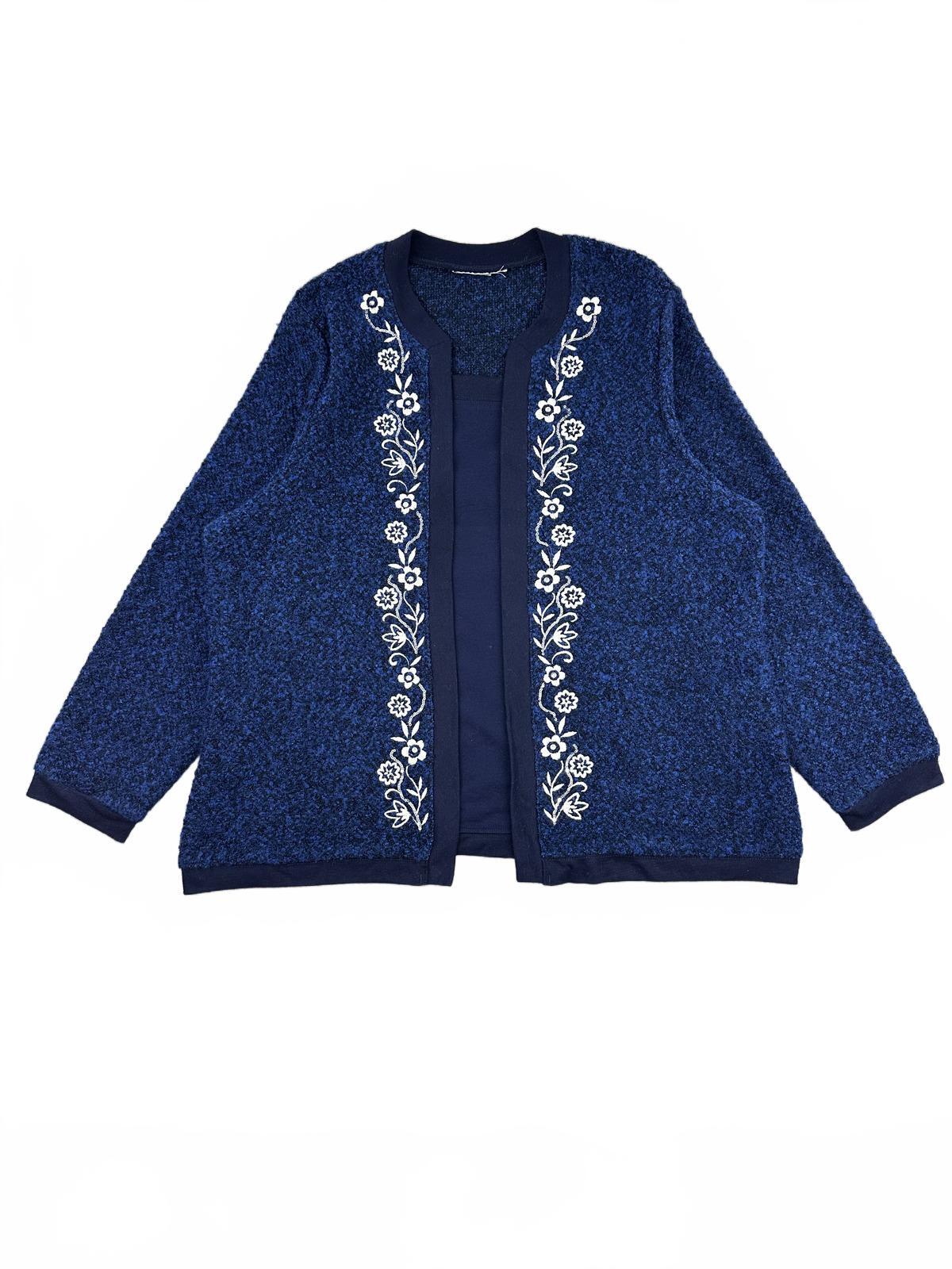 Vintage Navy Blue Embroidered Floral Cardigan Sweater Cozy Textured Knit