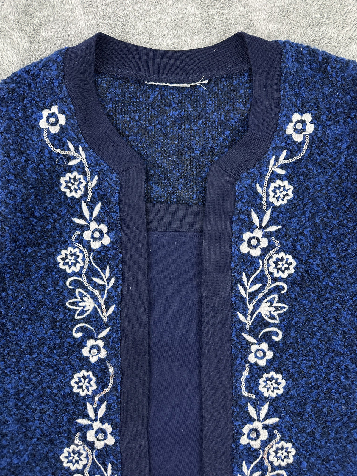 Vintage Navy Blue Embroidered Floral Cardigan Sweater Cozy Textured Knit