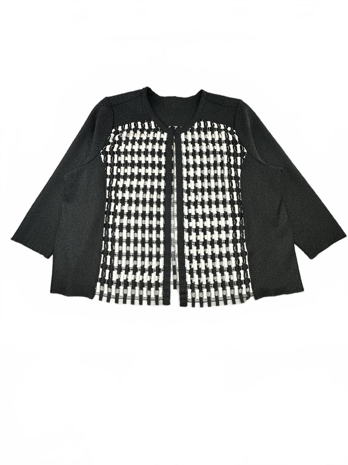 Classic Black and White Textured Checkered Cardigan Sweater