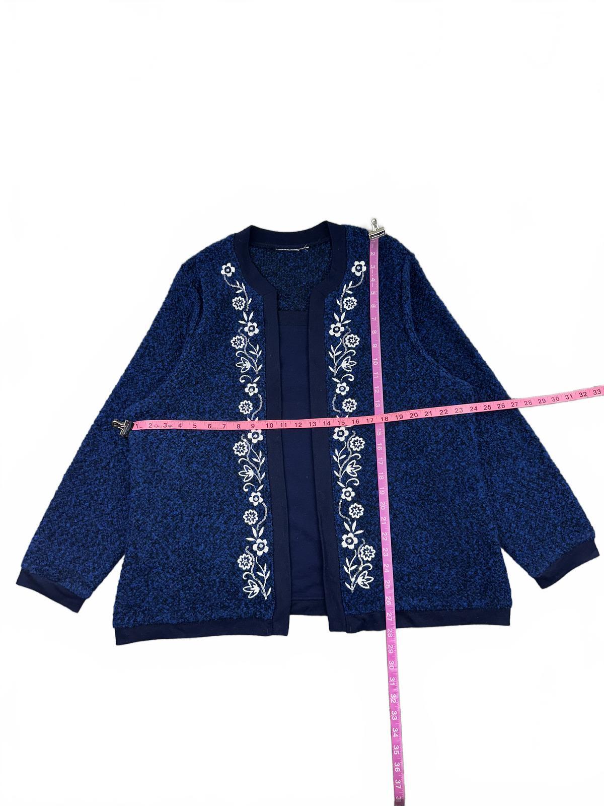 Vintage Navy Blue Embroidered Floral Cardigan Sweater Cozy Textured Knit