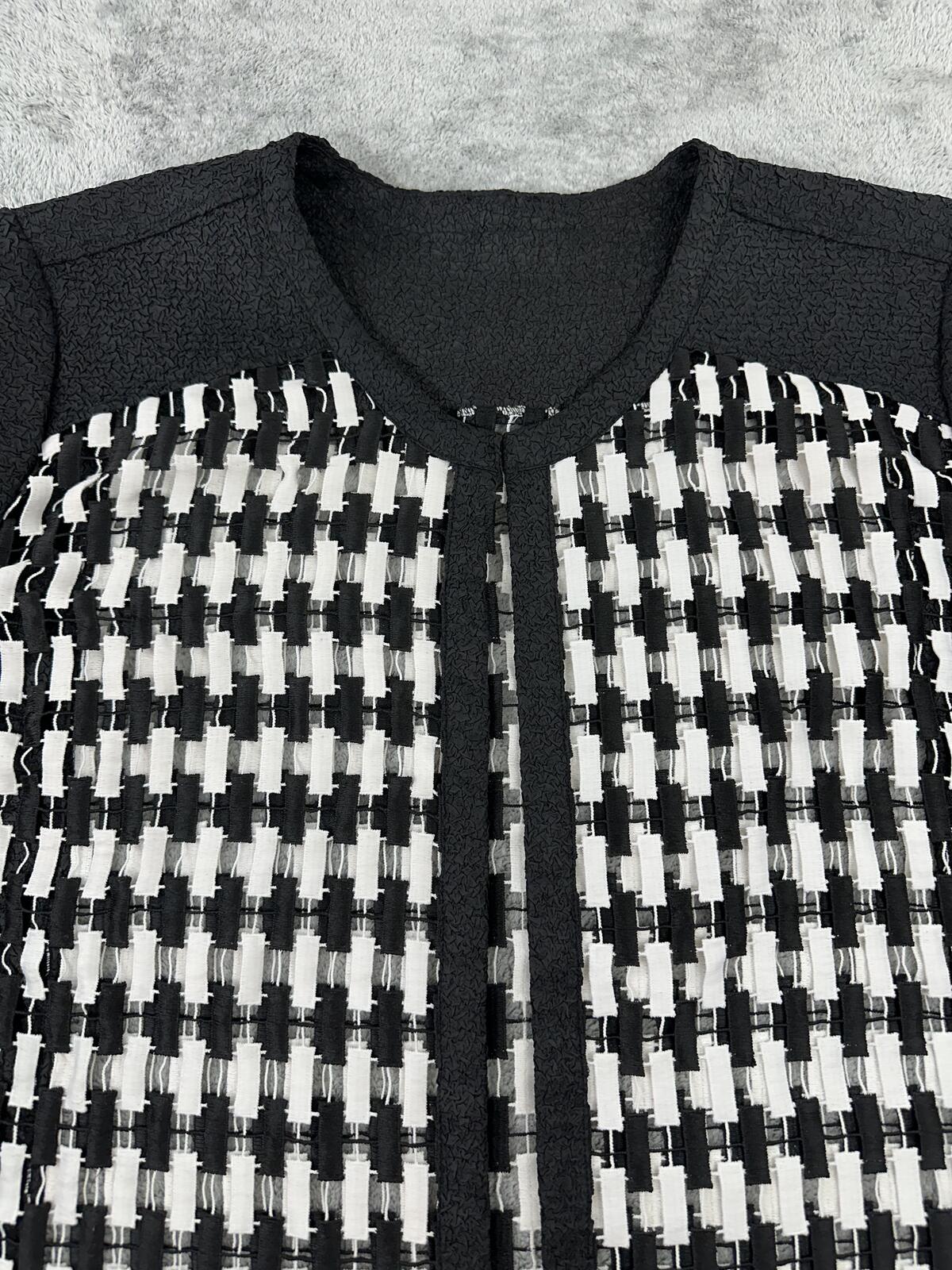 Classic Black and White Textured Checkered Cardigan Sweater
