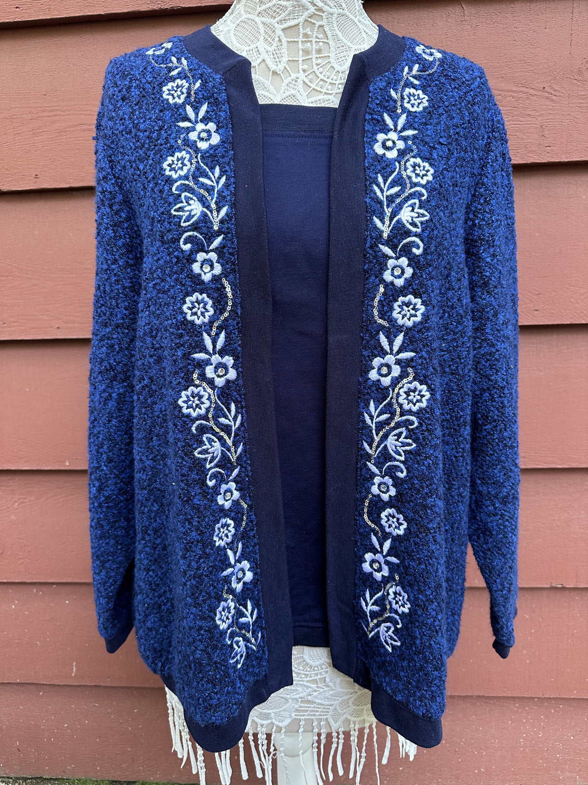 Vintage Navy Blue Embroidered Floral Cardigan Sweater Cozy Textured Knit