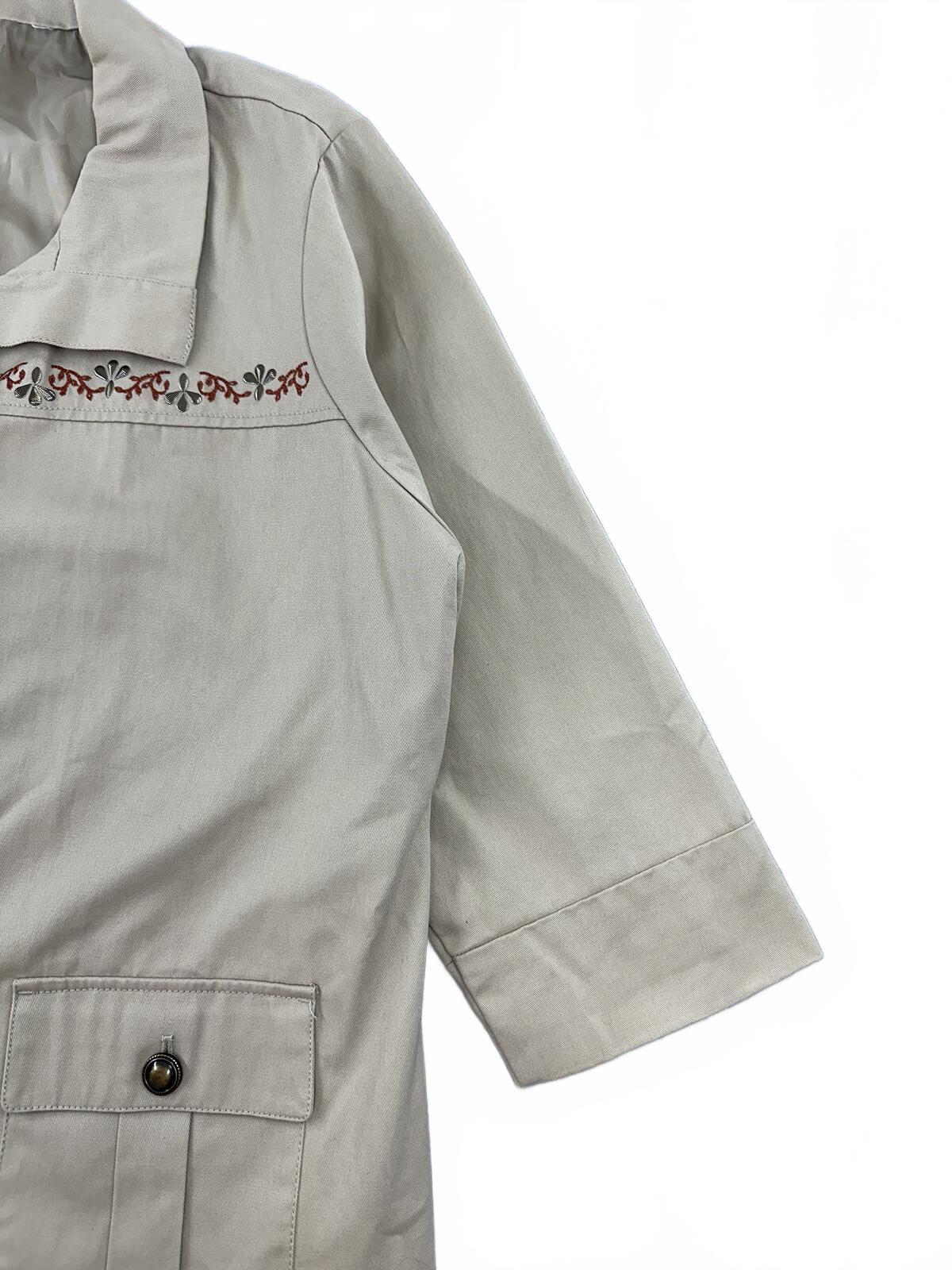 Vintage Inspired Beige Embroidered Cotton Jacket Boho Chic 3/4 Sleeve
