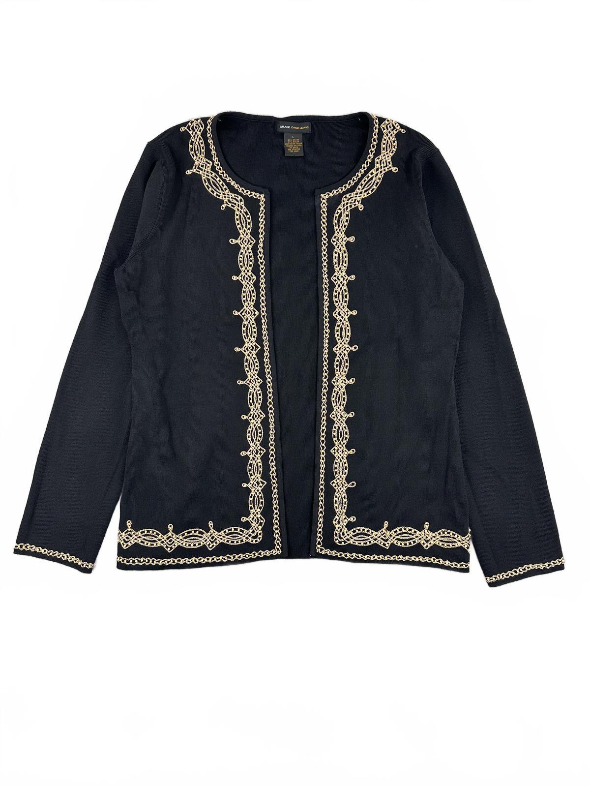 Grace Dane Lewis Black Cardigan with Gold Embroidery Elegant Formal Sweater