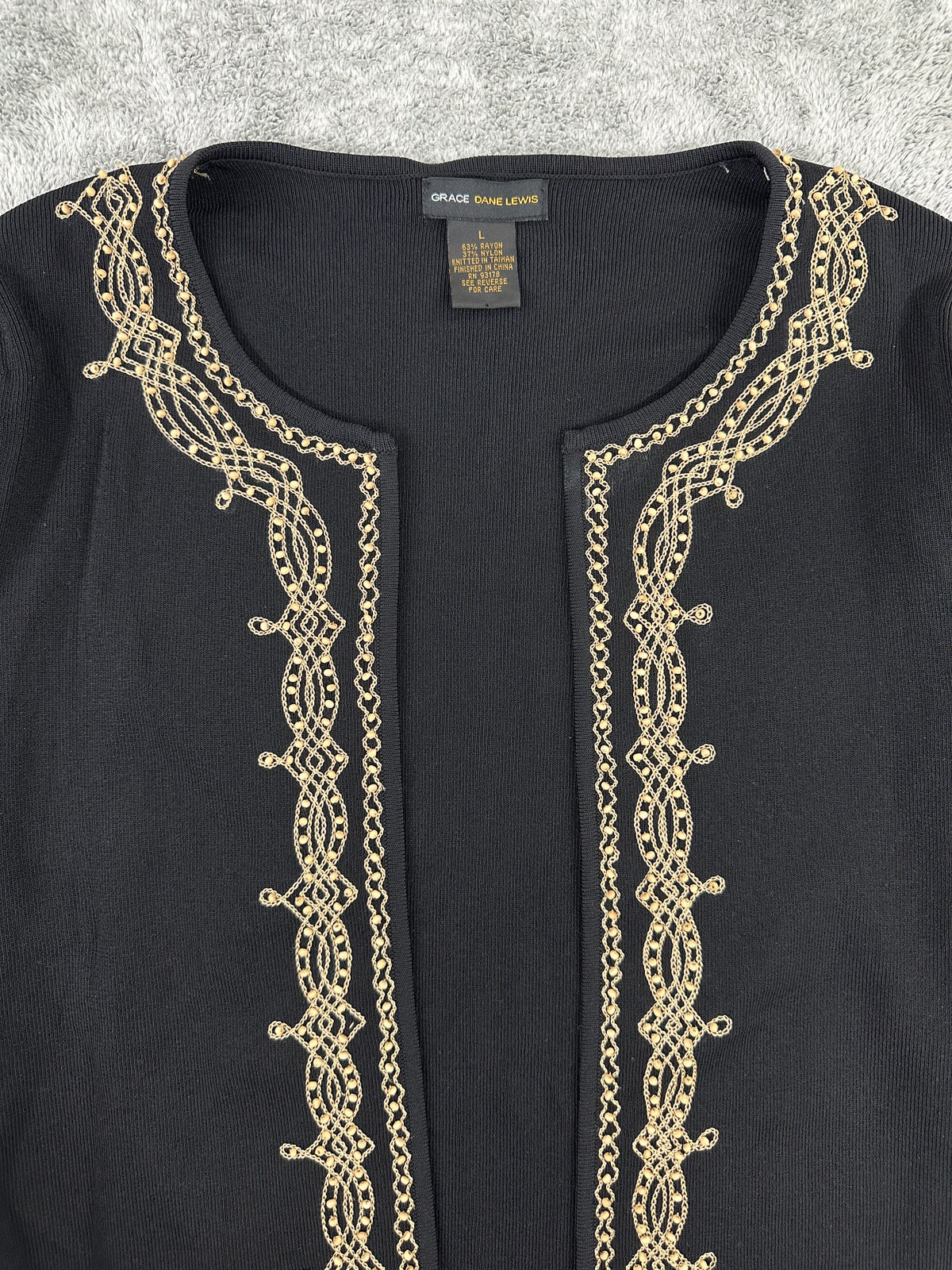 Grace Dane Lewis Black Cardigan with Gold Embroidery Elegant Formal Sweater