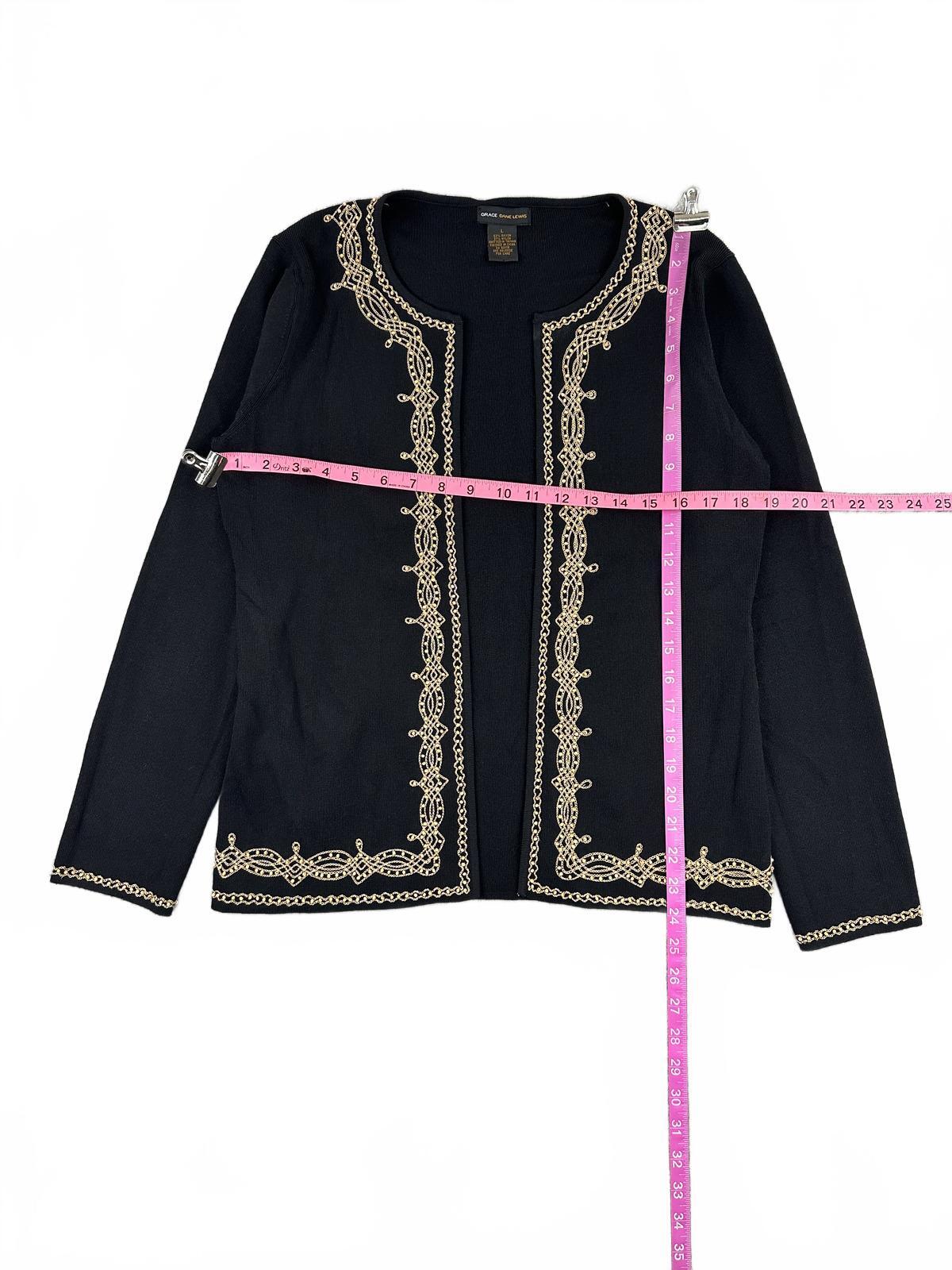 Grace Dane Lewis Black Cardigan with Gold Embroidery Elegant Formal Sweater