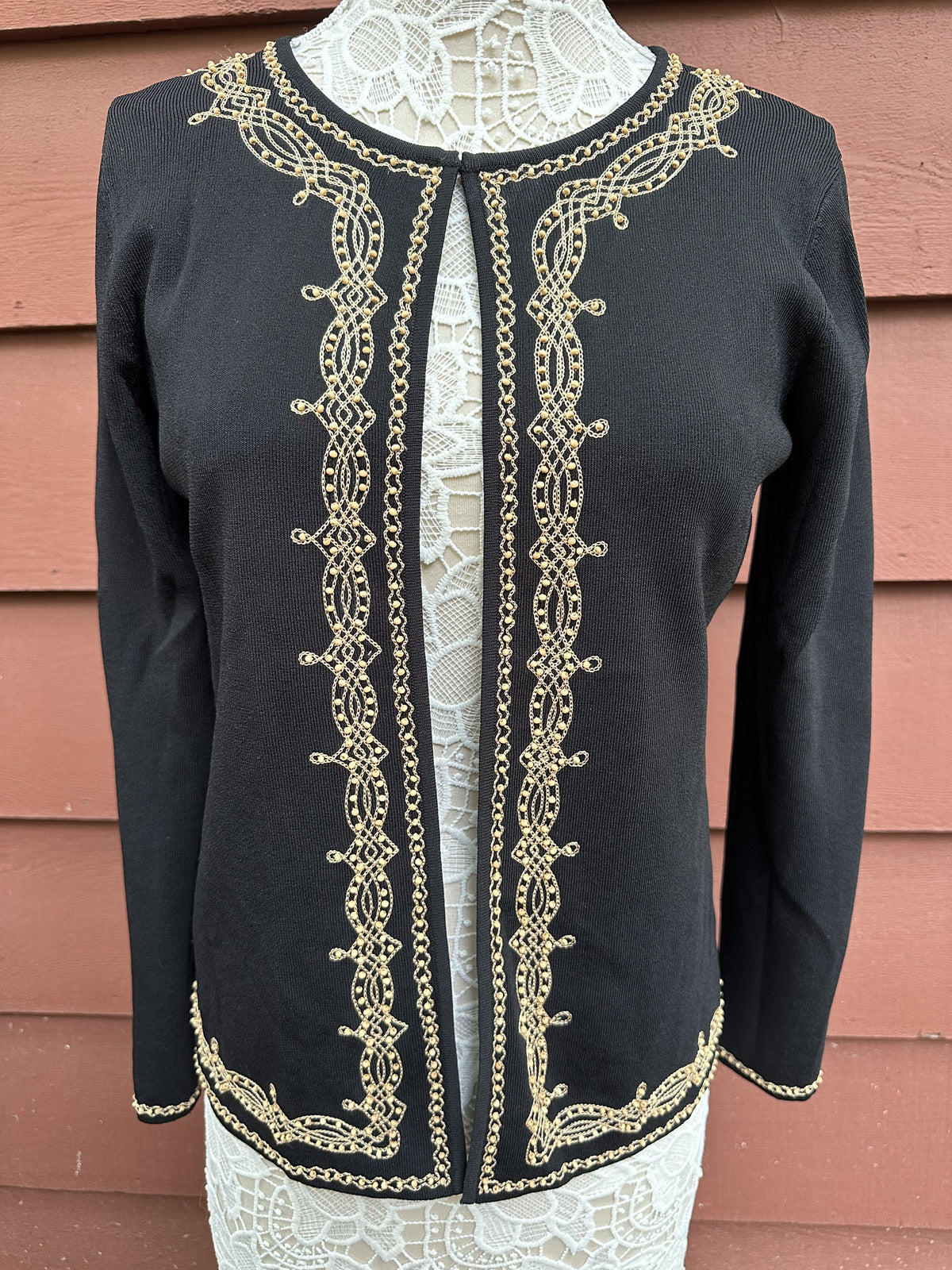Grace Dane Lewis Black Cardigan with Gold Embroidery Elegant Formal Sweater