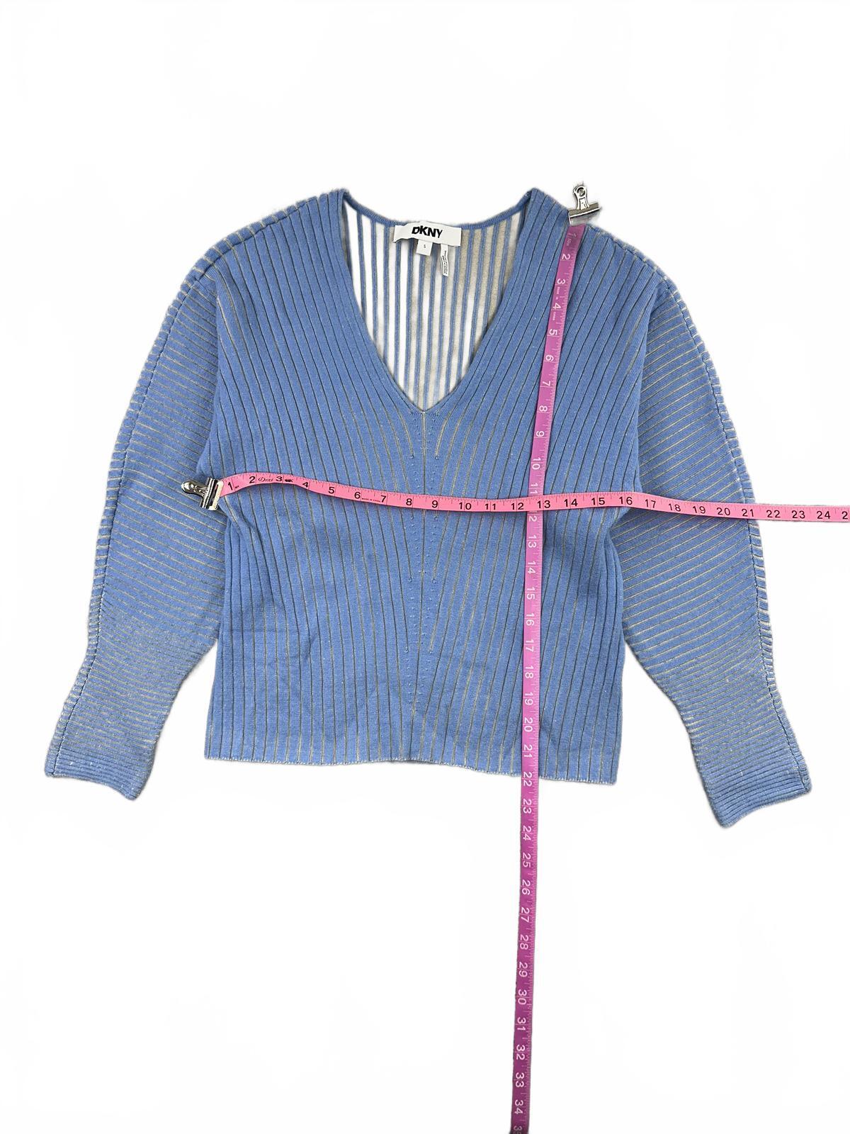 DKNY Blue Ribbed V Neck Sweater with Metallic Stripes