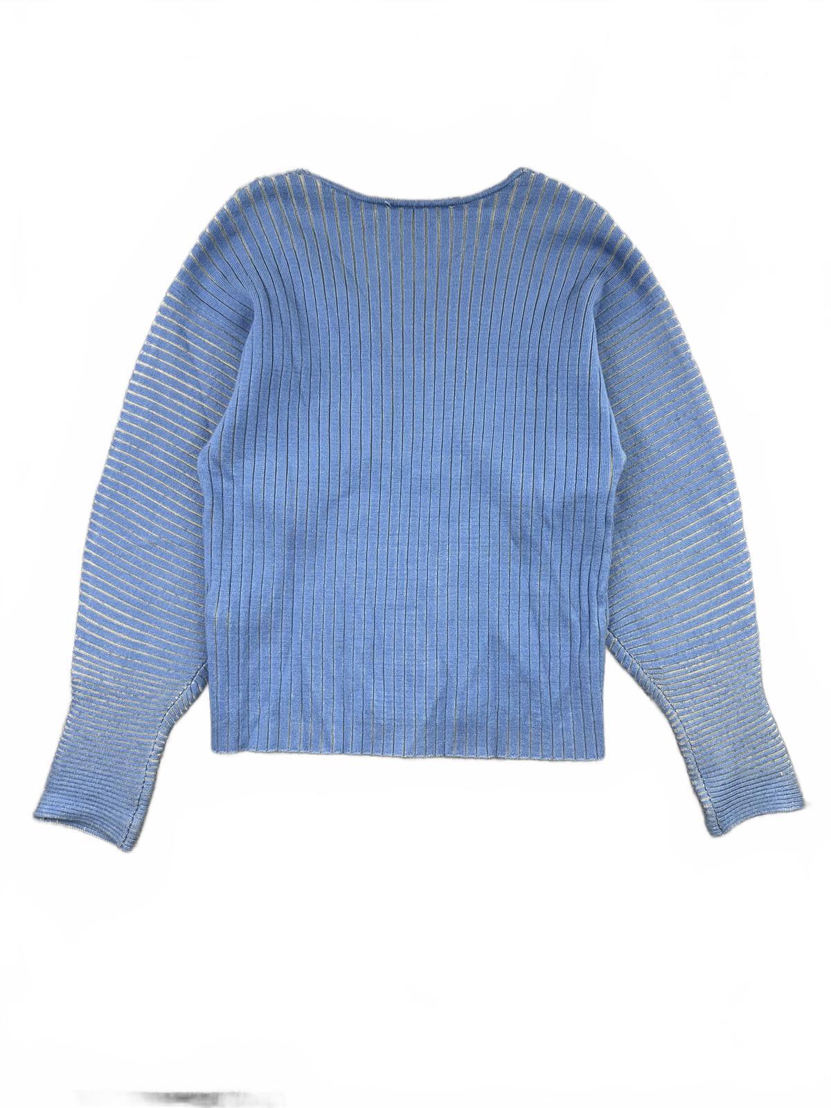 DKNY Blue Ribbed V Neck Sweater with Metallic Stripes