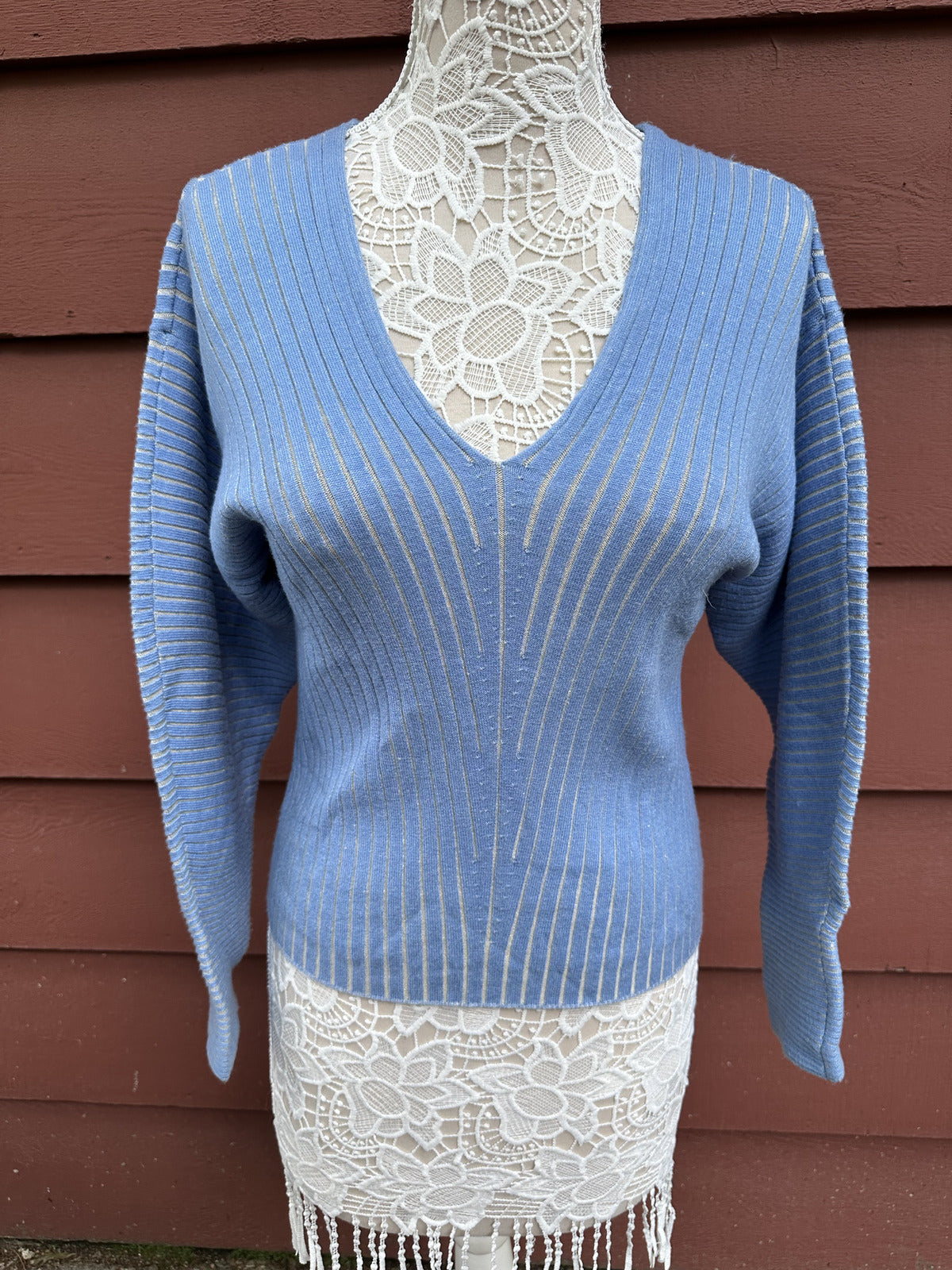 DKNY Blue Ribbed V Neck Sweater with Metallic Stripes