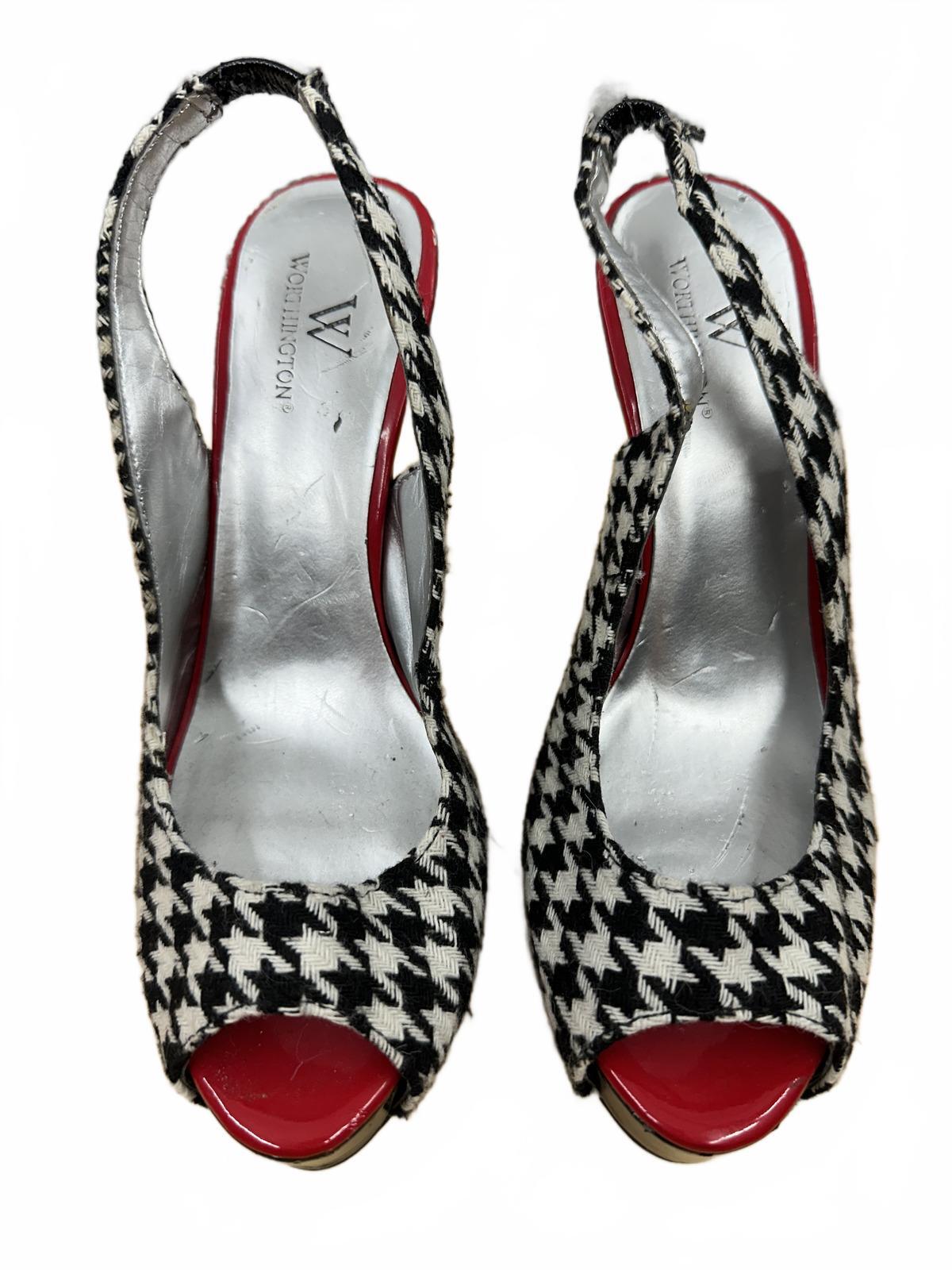Worthington Houndstooth Slingback Heels Classic Retro Black White Red Peep Toe