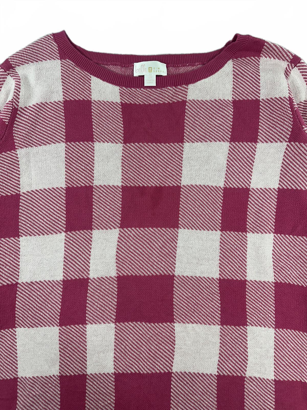 Belle Kim Gravel Pink and White Checkered Oversized Sweater Casual Knit