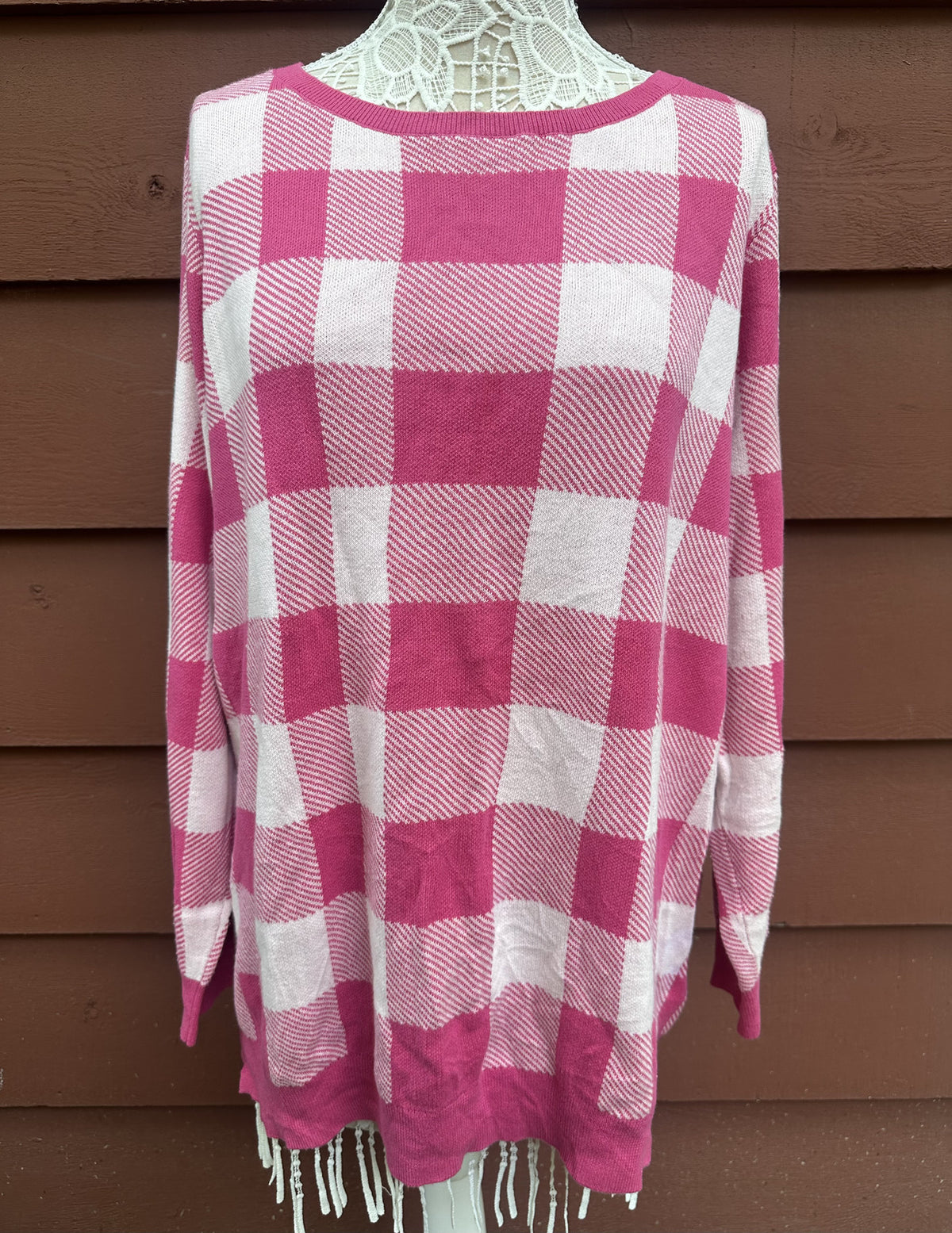 Belle Kim Gravel Pink and White Checkered Oversized Sweater Casual Knit