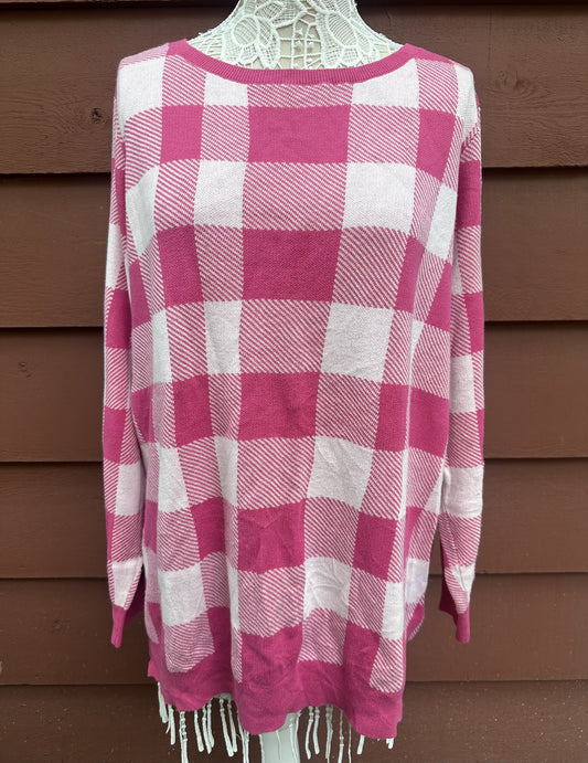Belle Kim Gravel Pink and White Checkered Oversized Sweater Casual Knit