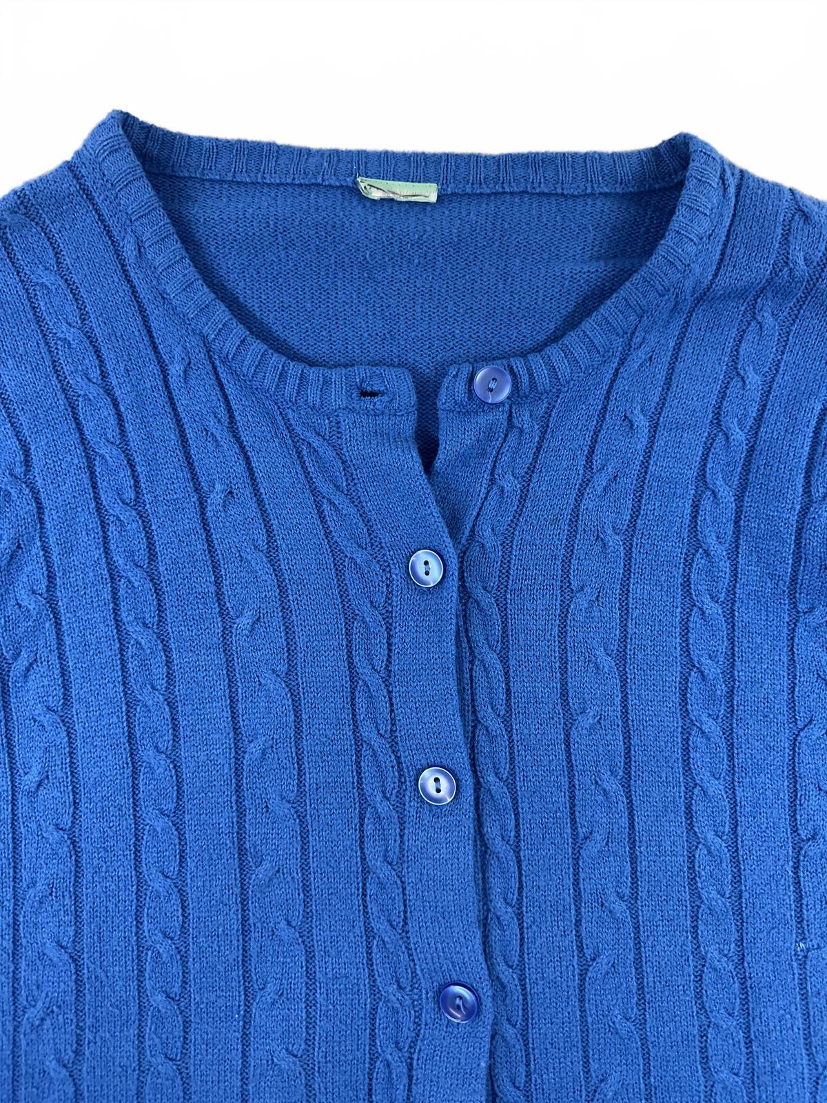 Blue Cable Knit Cardigan Sweater Cozy Classic Button Up