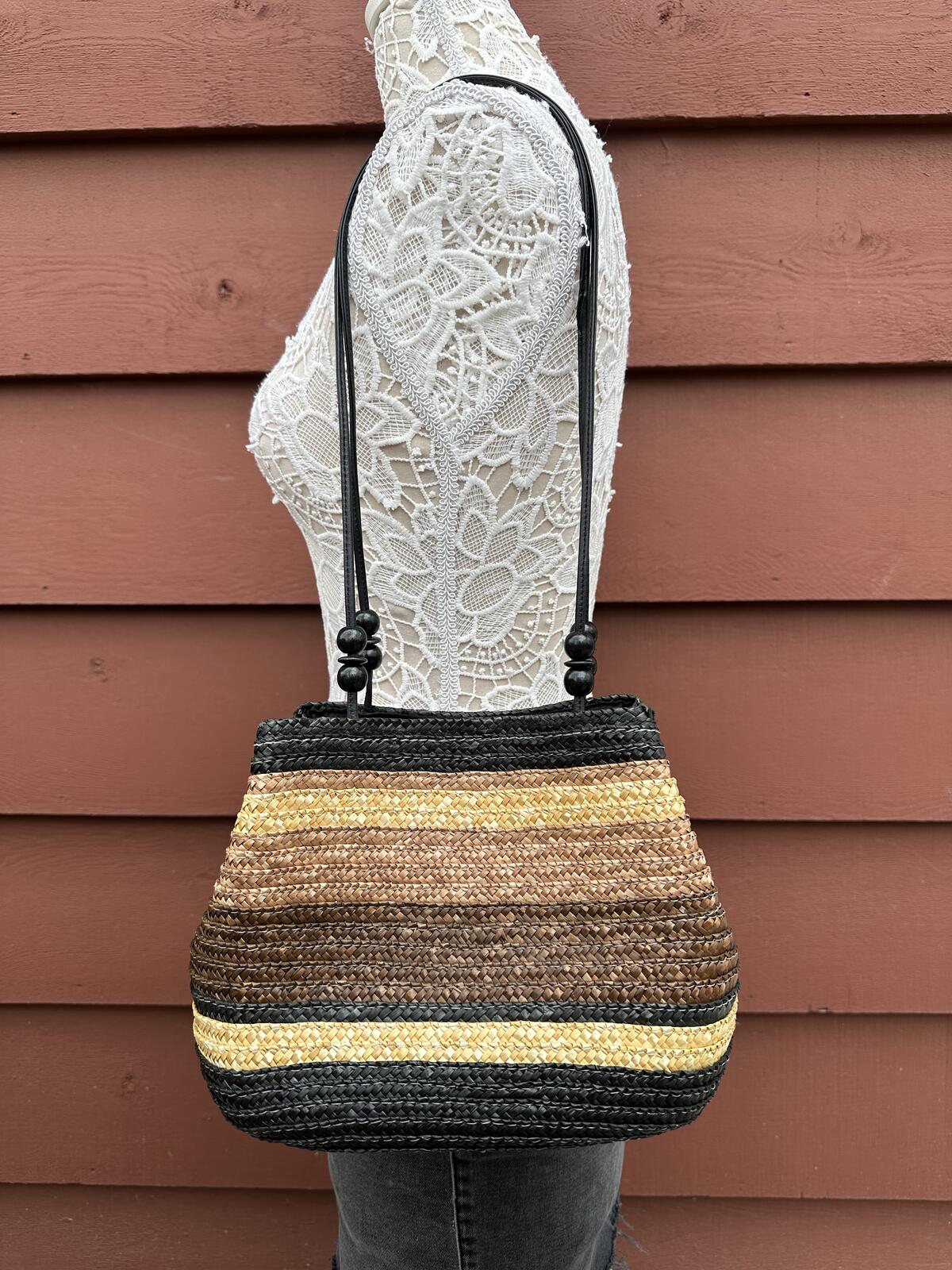 Sonoma Woven Straw Shoulder Bag with Earth Tone Stripes