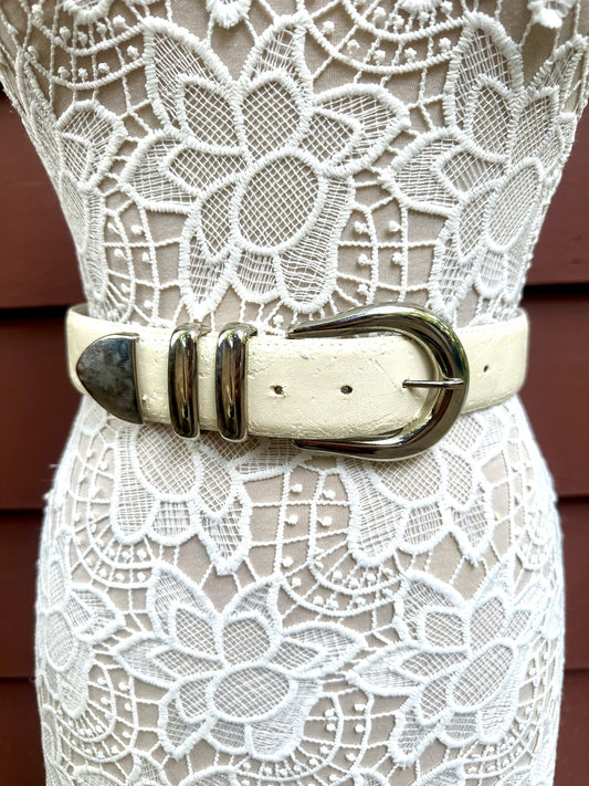 White Faux Leather Belt with Silver Buckle