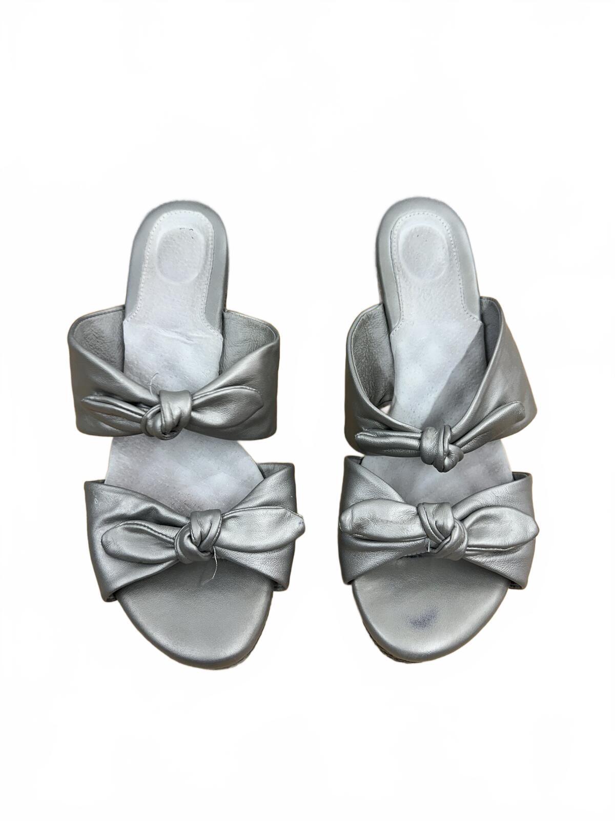 Soft Walk Silver Wedge Sandals with Knotted Bow Detail