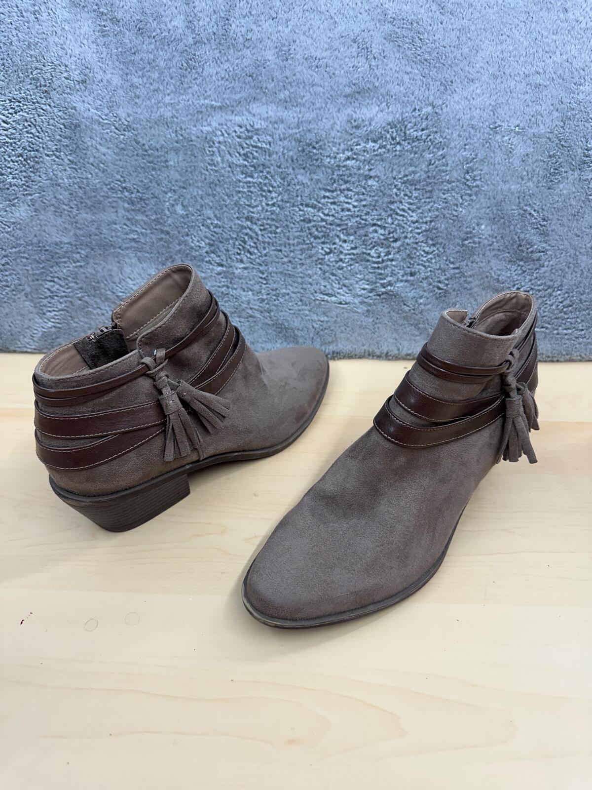 LifeStride Suede Ankle Boots with Brown Leather Straps and Tassels Boho