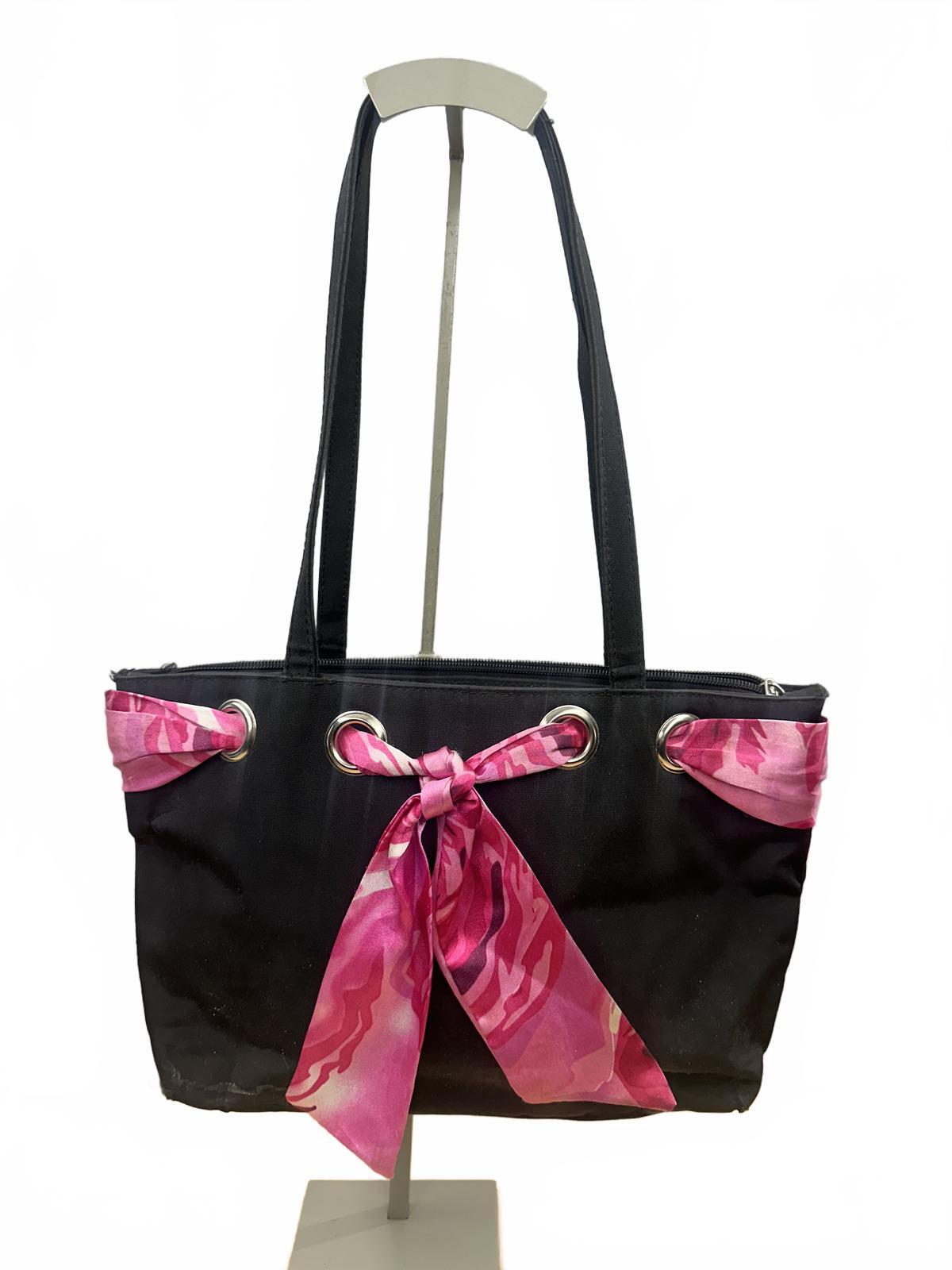 Black Tote Bag with Pink Scarf Detail