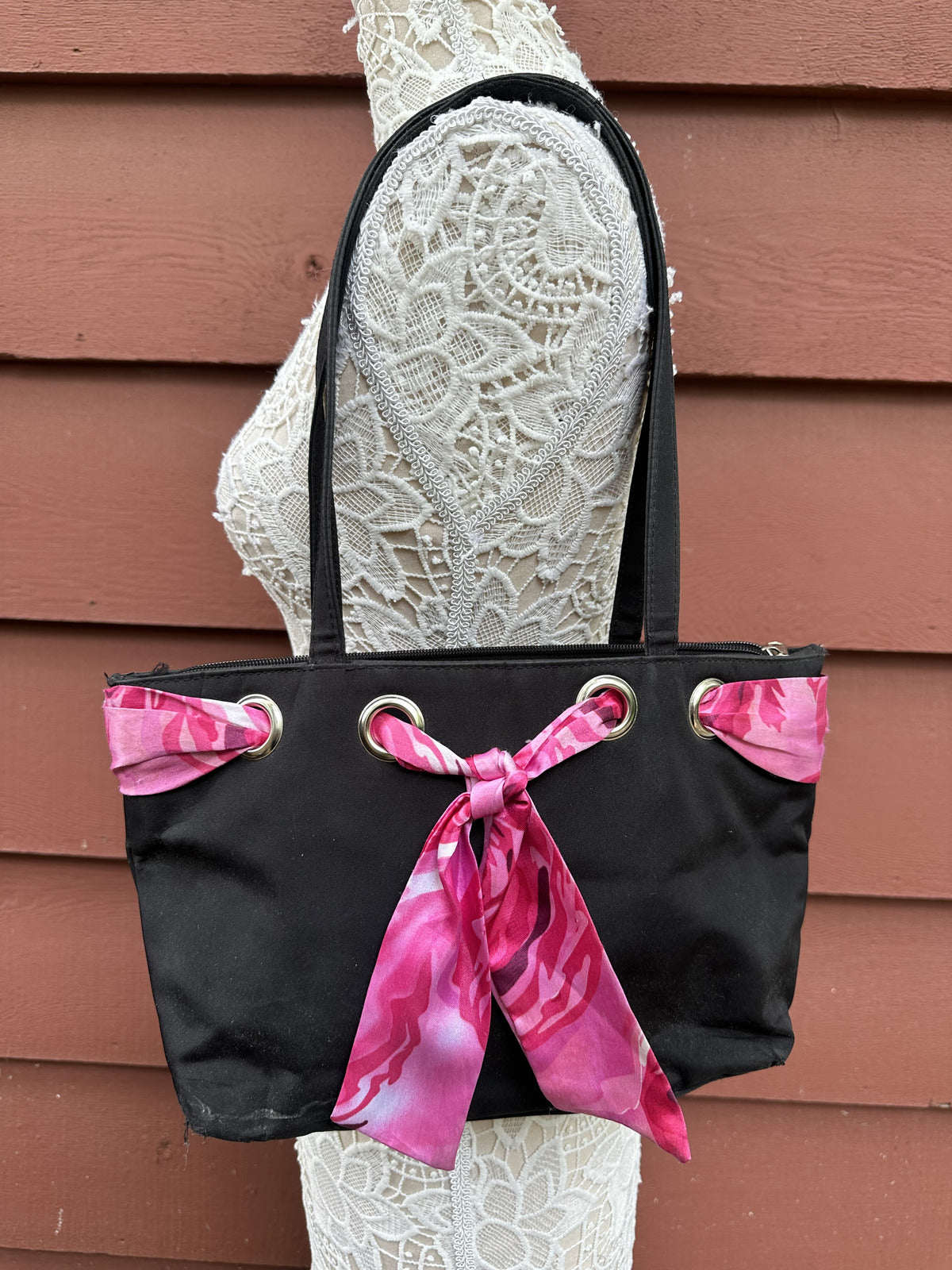 Black Tote Bag with Pink Scarf Detail