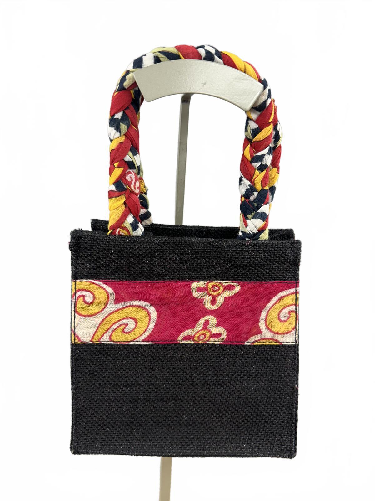 Freeset Small Black Jute Tote Bag with Colorful Braided Handles