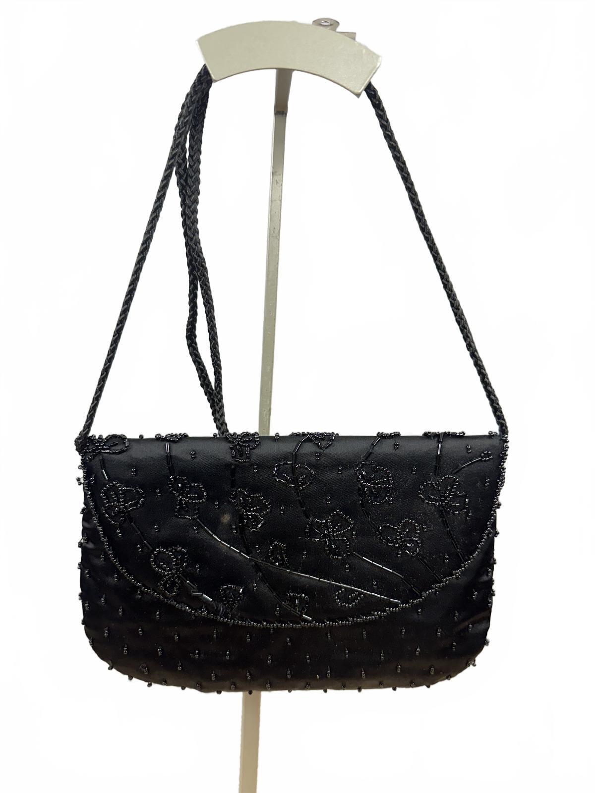 Vintage Style Black Beaded Evening Bag with Braided Strap