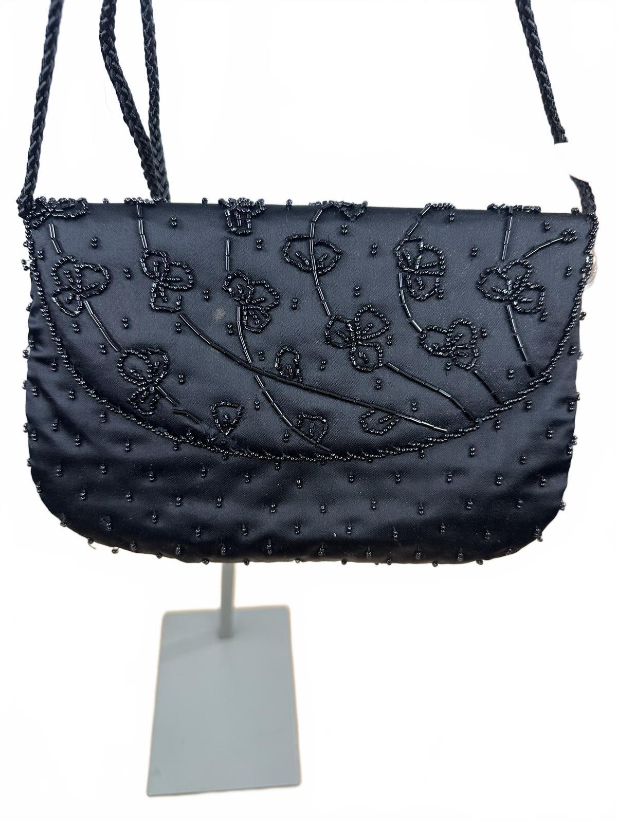 Vintage Style Black Beaded Evening Bag with Braided Strap