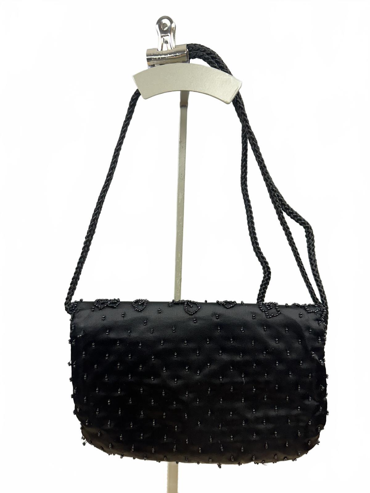 Vintage Style Black Beaded Evening Bag with Braided Strap