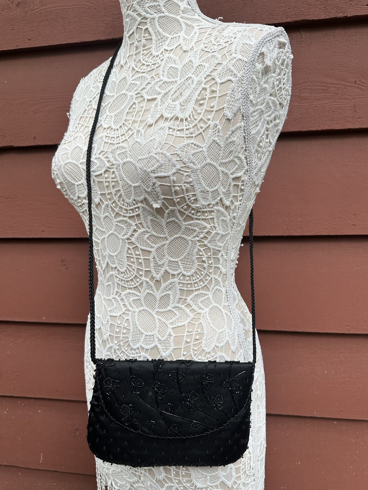 Vintage Style Black Beaded Evening Bag with Braided Strap