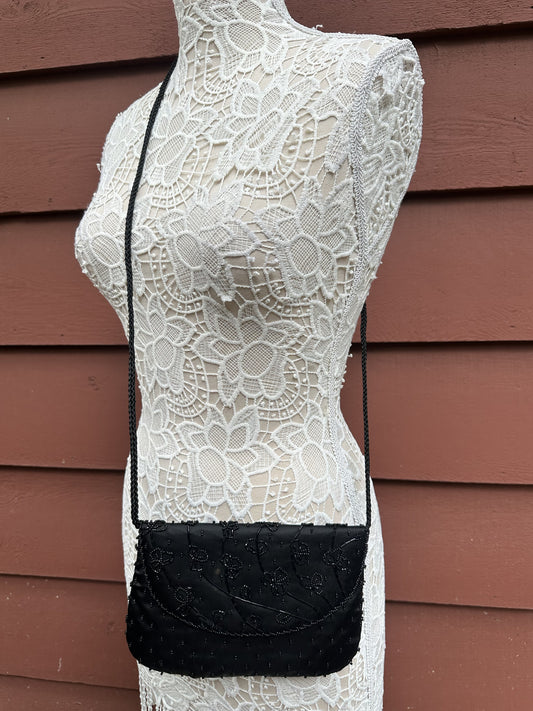 Vintage Style Black Beaded Evening Bag with Braided Strap