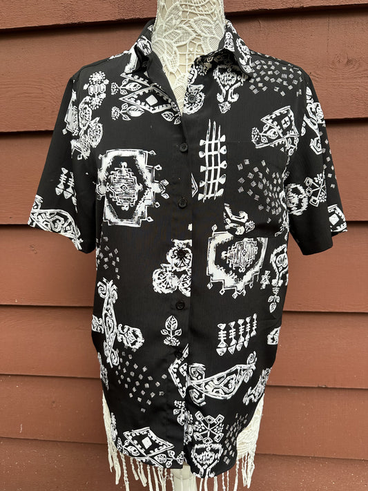 Alfred Dunner Black and White Abstract Pattern Button Down Shirt
