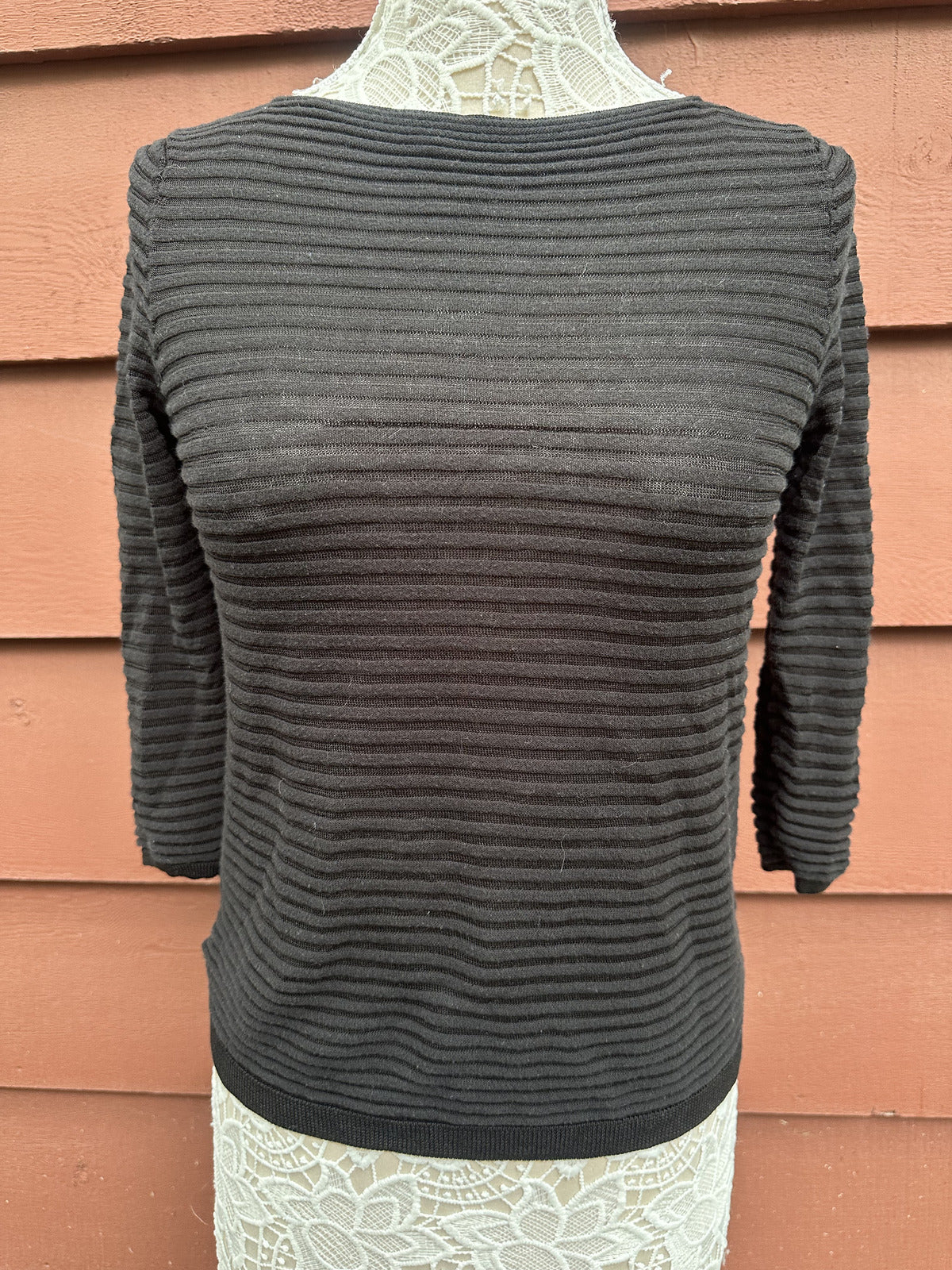 LOFT Black Ribbed Knit Sweater Casual Office Lightweight Boat Neck 3/4 Sleeve