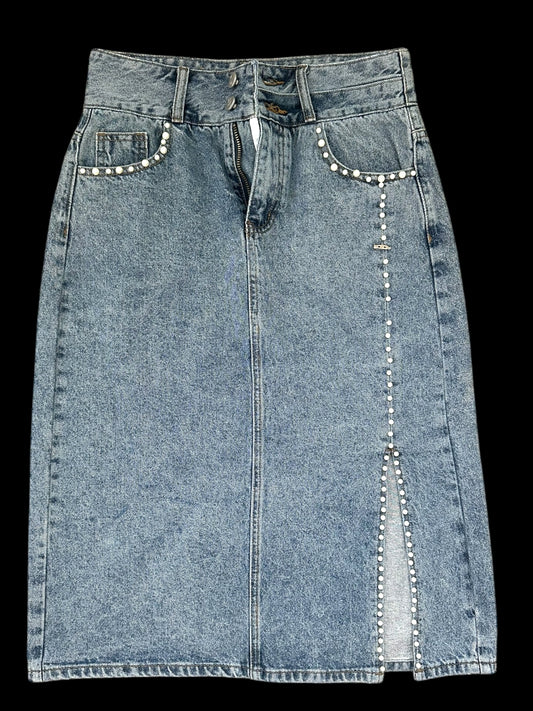 Up Jeans Denim Skirt With Pearl Detailing