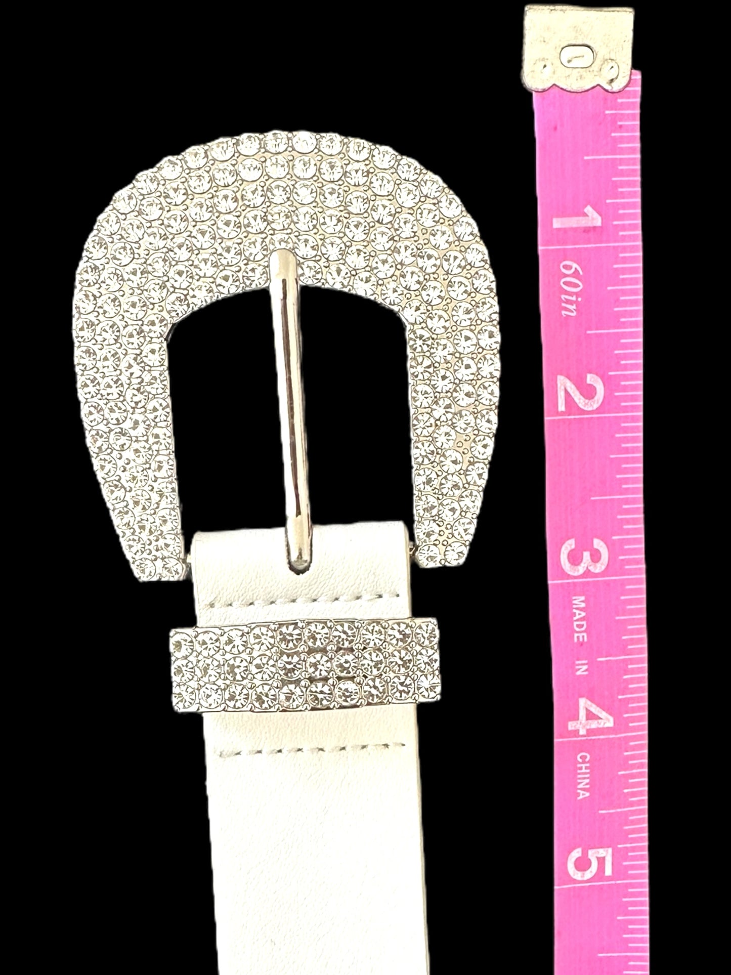 White Faux Leather Belt with Rhinestone Buckle