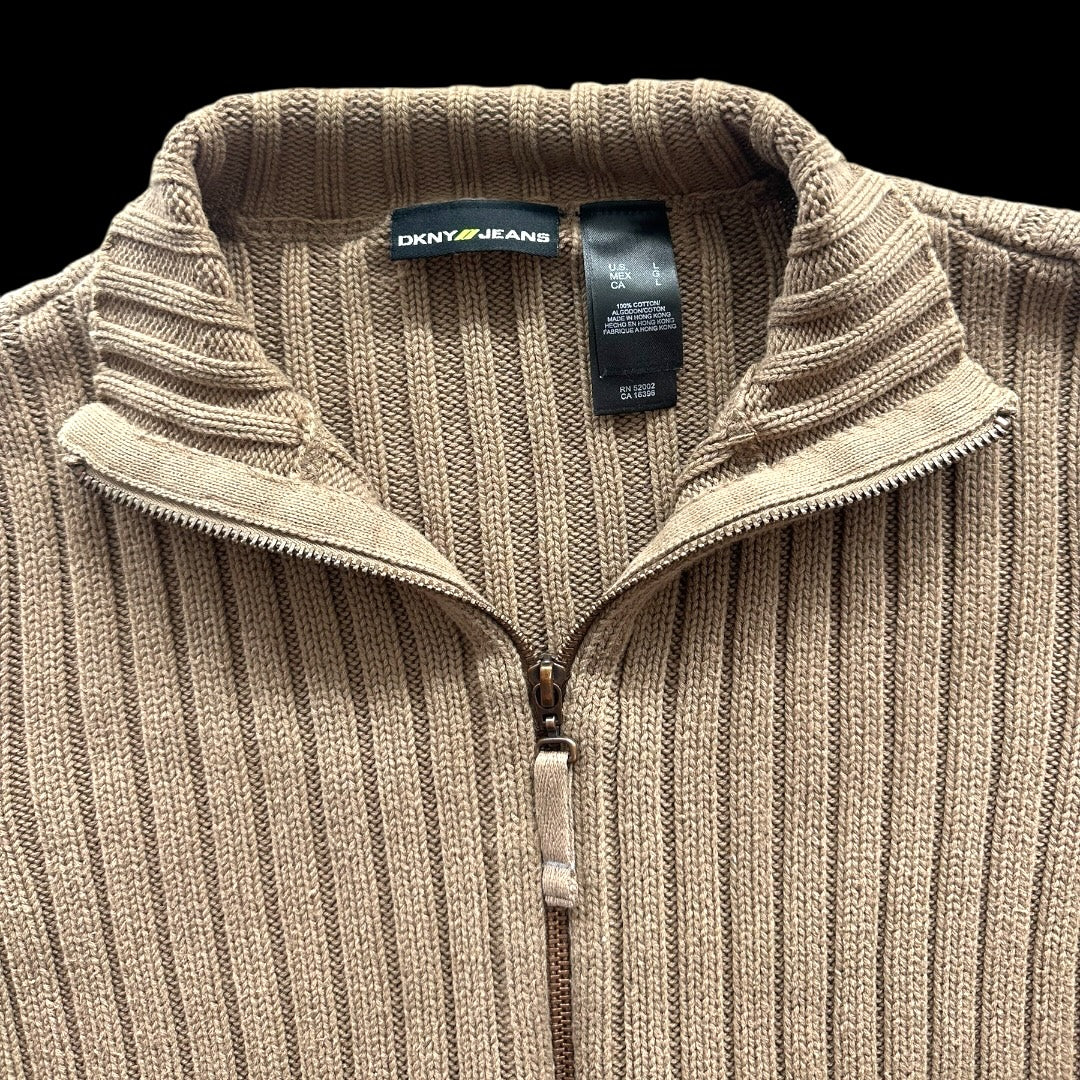 DKNY Jeans Brown Ribbed Knit Sweater Double Zipper 90s