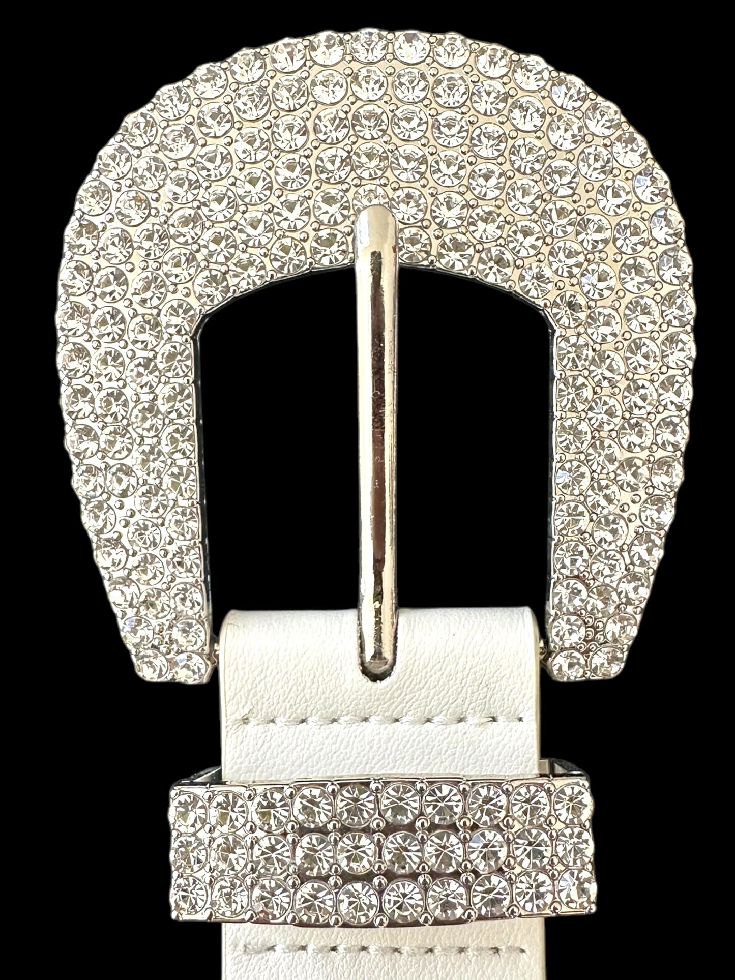 White Faux Leather Belt with Rhinestone Buckle