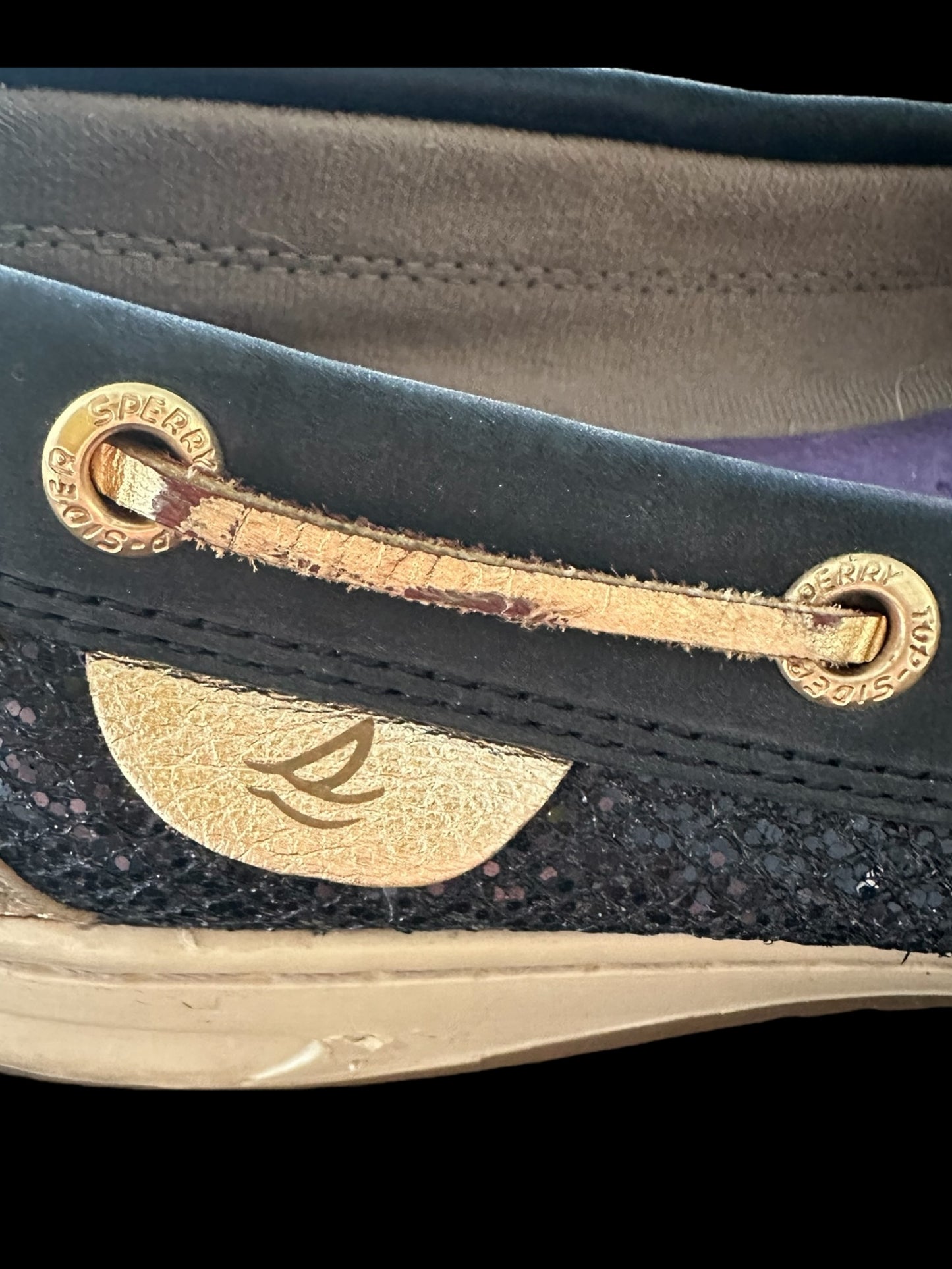 Sperry Black and Gold Metallic Glitter Boat Shoe Size 7.5