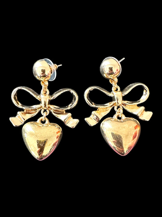 Gold Bow With Heart Earrings