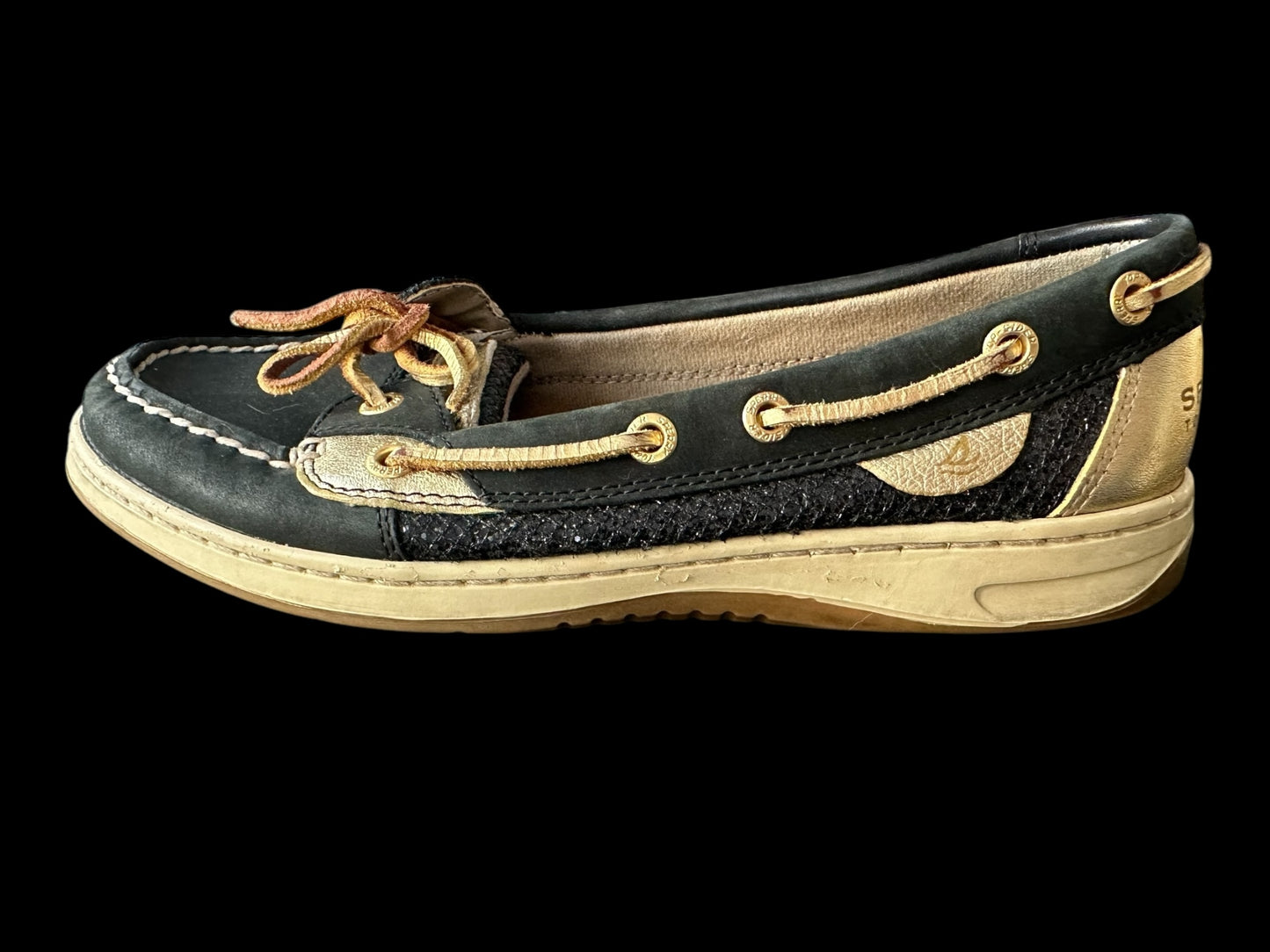 Sperry Black and Gold Metallic Glitter Boat Shoe Size 7.5