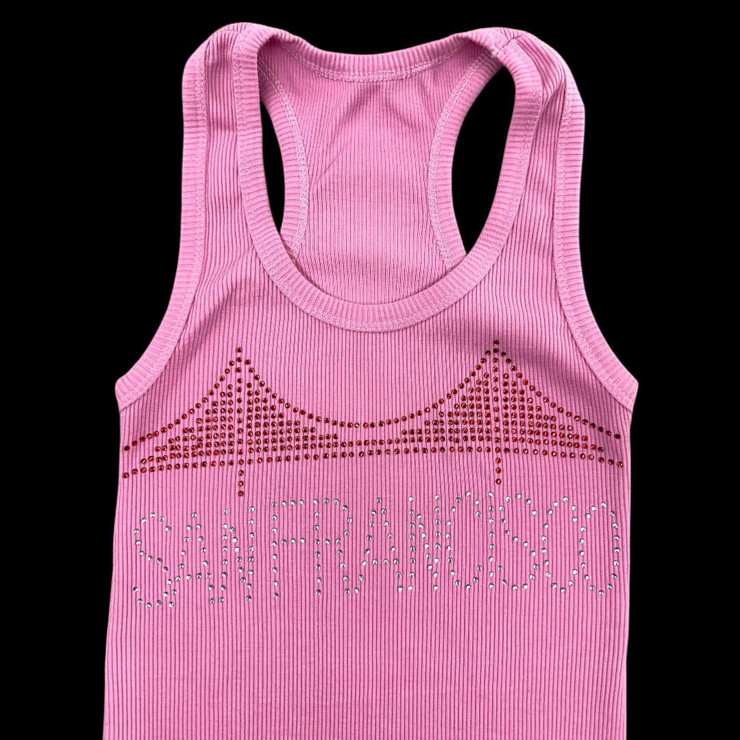 Pink Rhinestone "San Francisco" Ribbed Tank Top