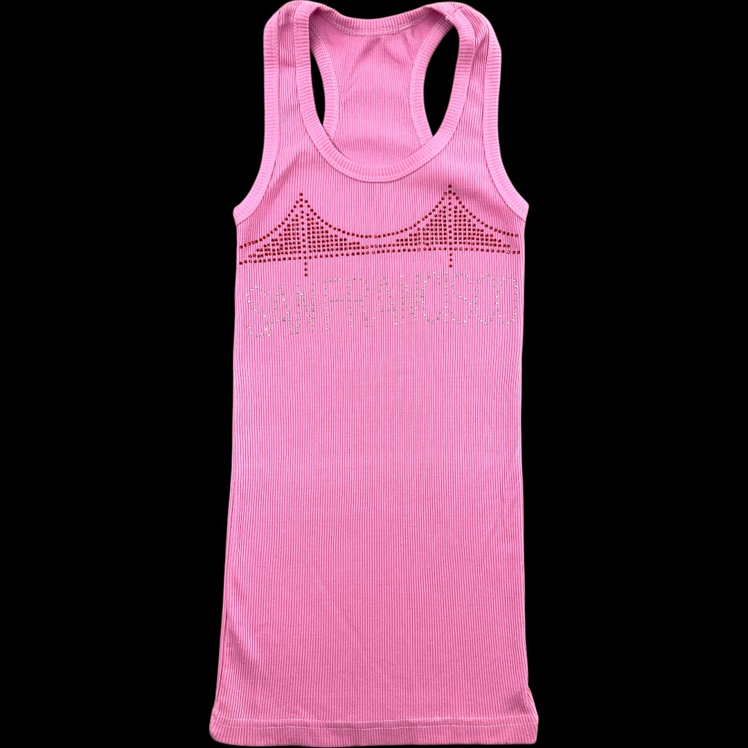 Pink Rhinestone "San Francisco" Ribbed Tank Top