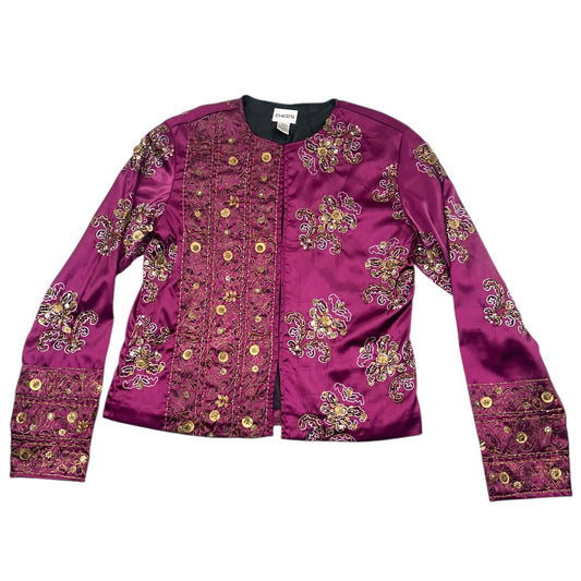 Chico's Purple Satin Jacket with Gold Floral Embellishments
